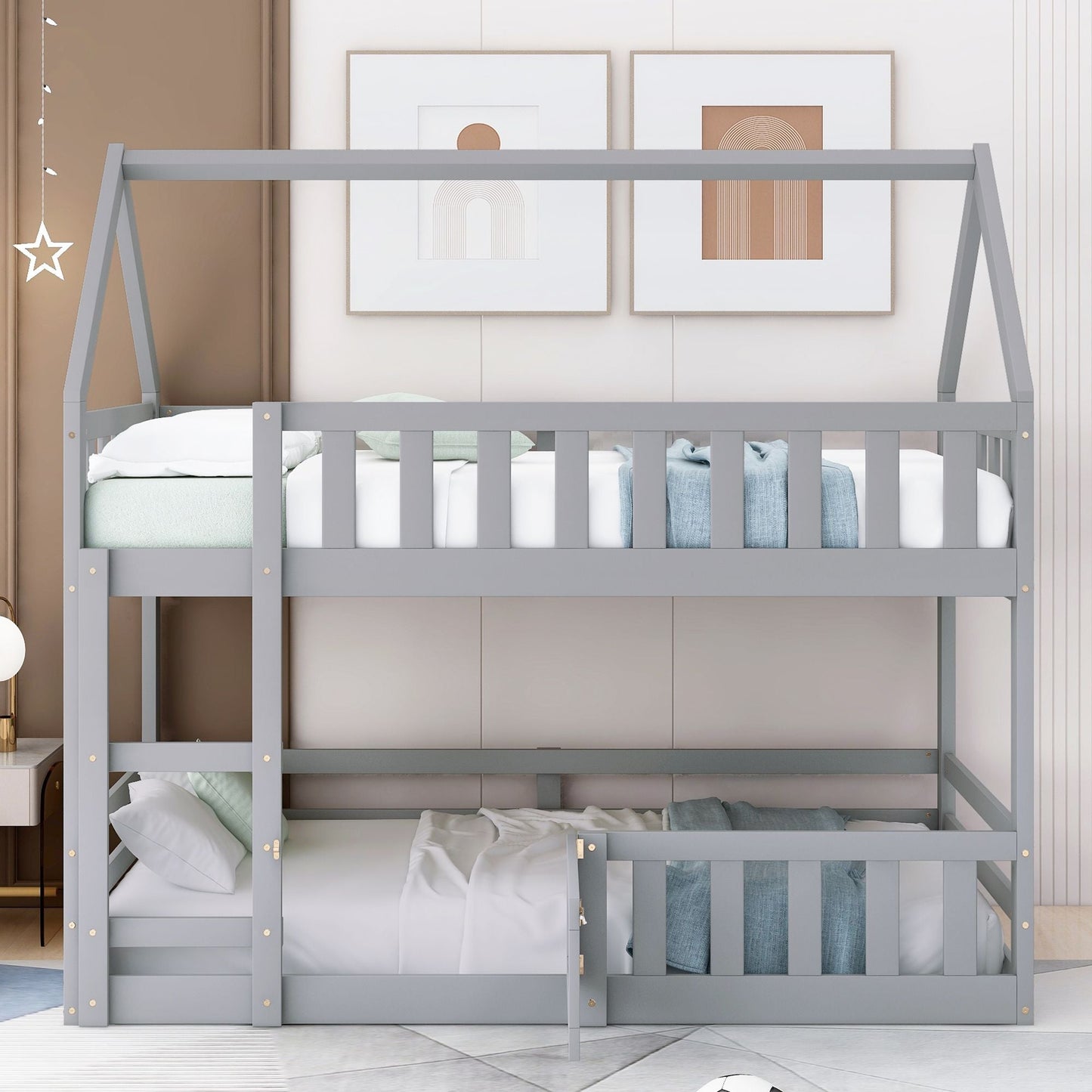 Kids Bedroom Twin Over Twin Wood House Bunk Bed with Fence and Door, Gray | Just Better Bunk Beds