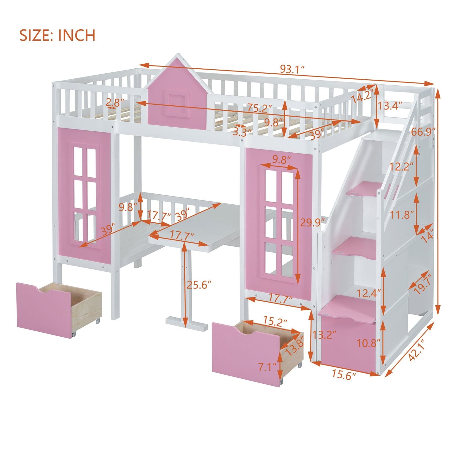 Space-Saving Twin Over Twin Wood Bunk Bed with Changeable Table, Upper Bed and Down Desk, Pink | Just Better Bunk Beds