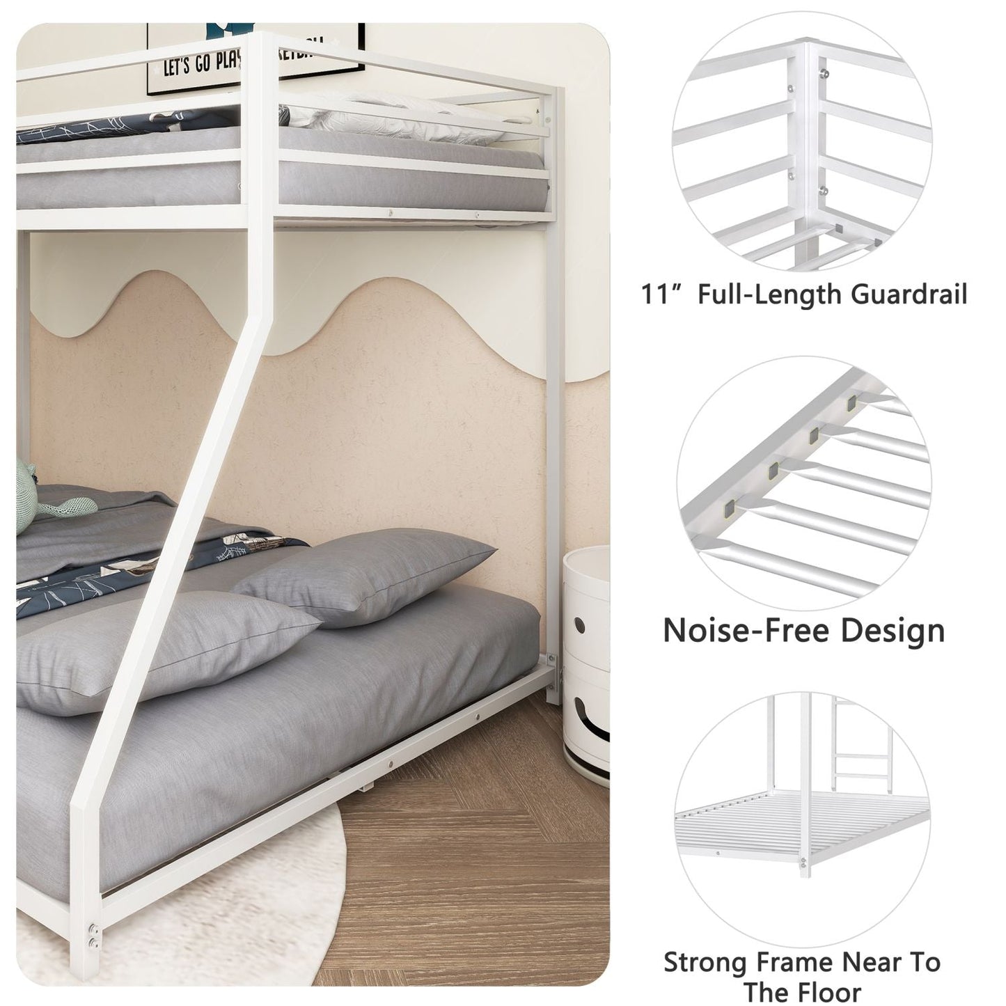 Heavy-Duty Twin Over Full Metal Bunk Bed with Stable Ladder, Low Profile, White | Just Better Bunk Beds
