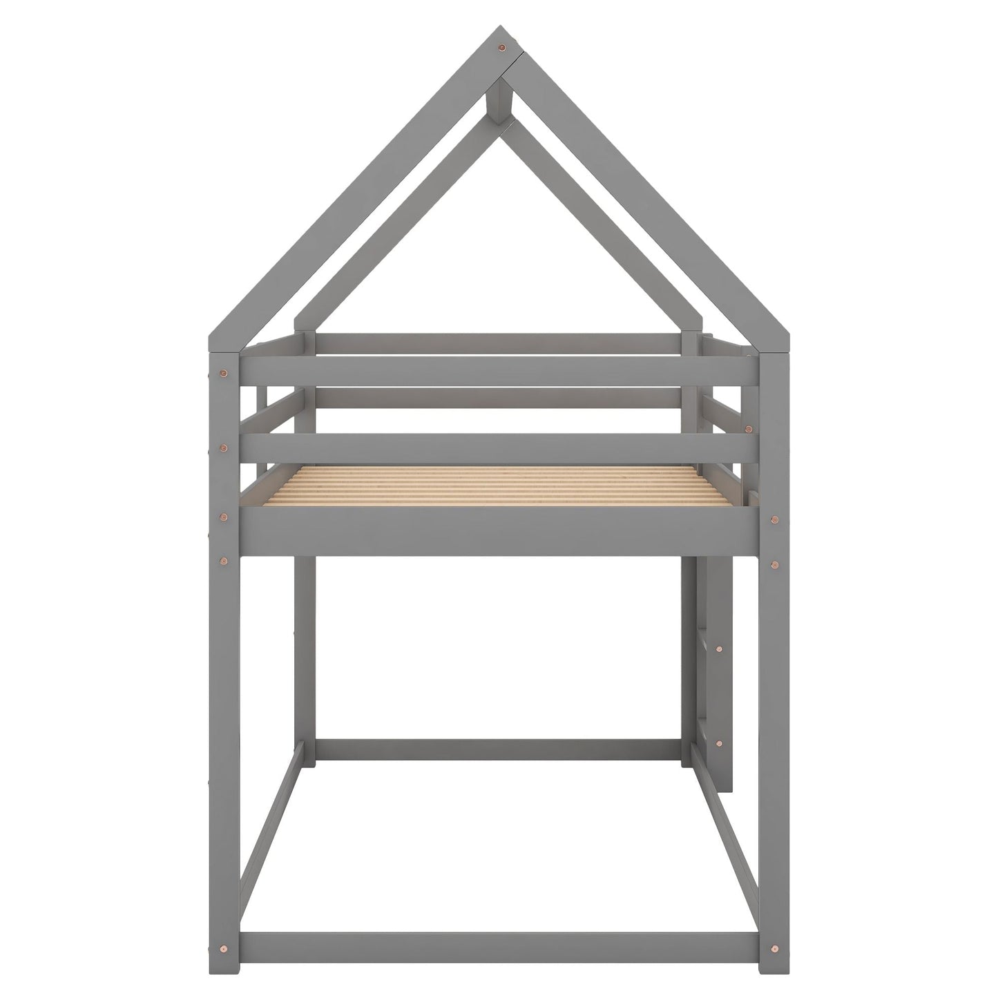 House-Style Twin Over Twin Low Wood Bunk Bed with Ladder, Gray | Just Better Bunk Beds