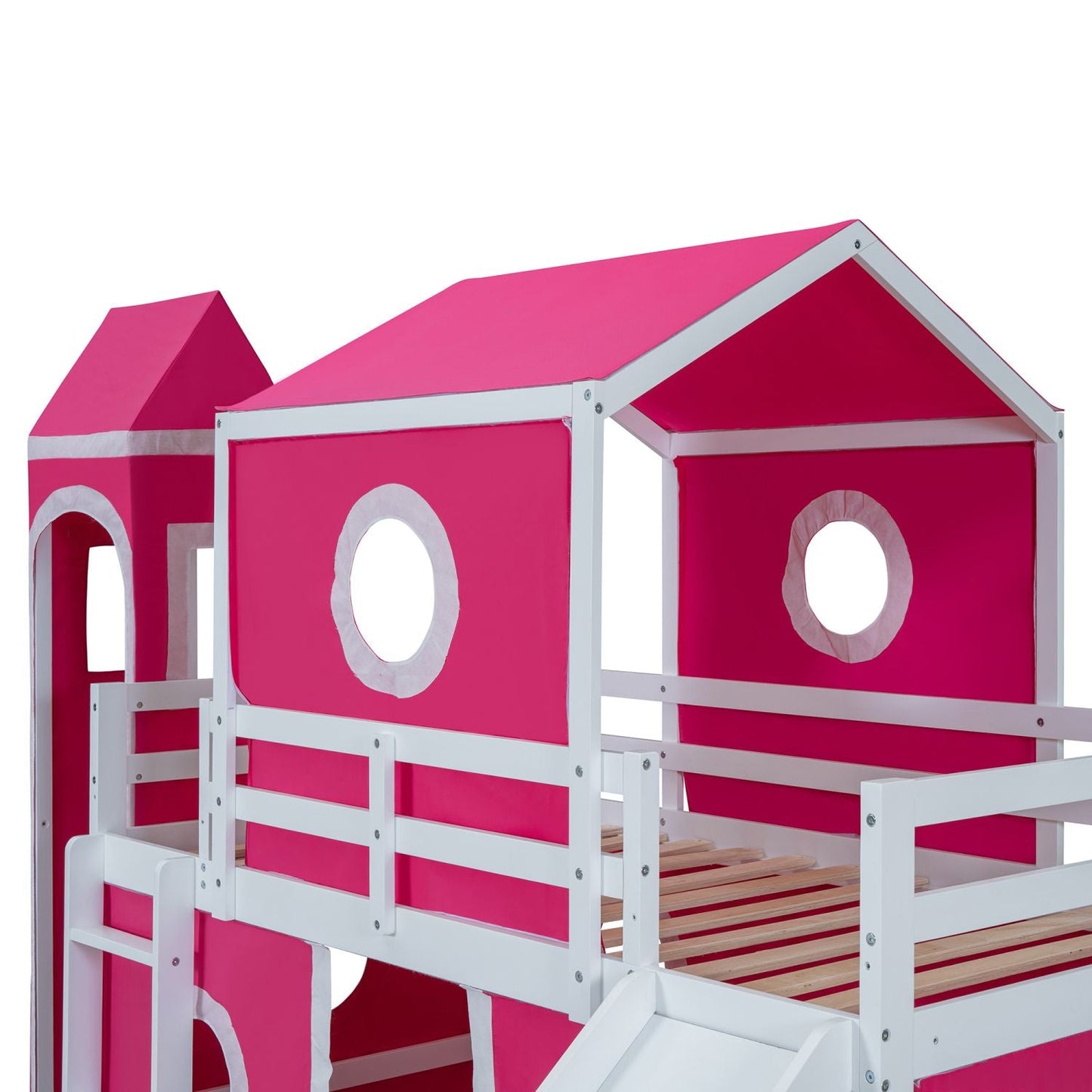 Kids Bedroom Twin Loft Bed with Slide, Pink Tent and Tower, Pink Wood | Just Better Bunk Beds