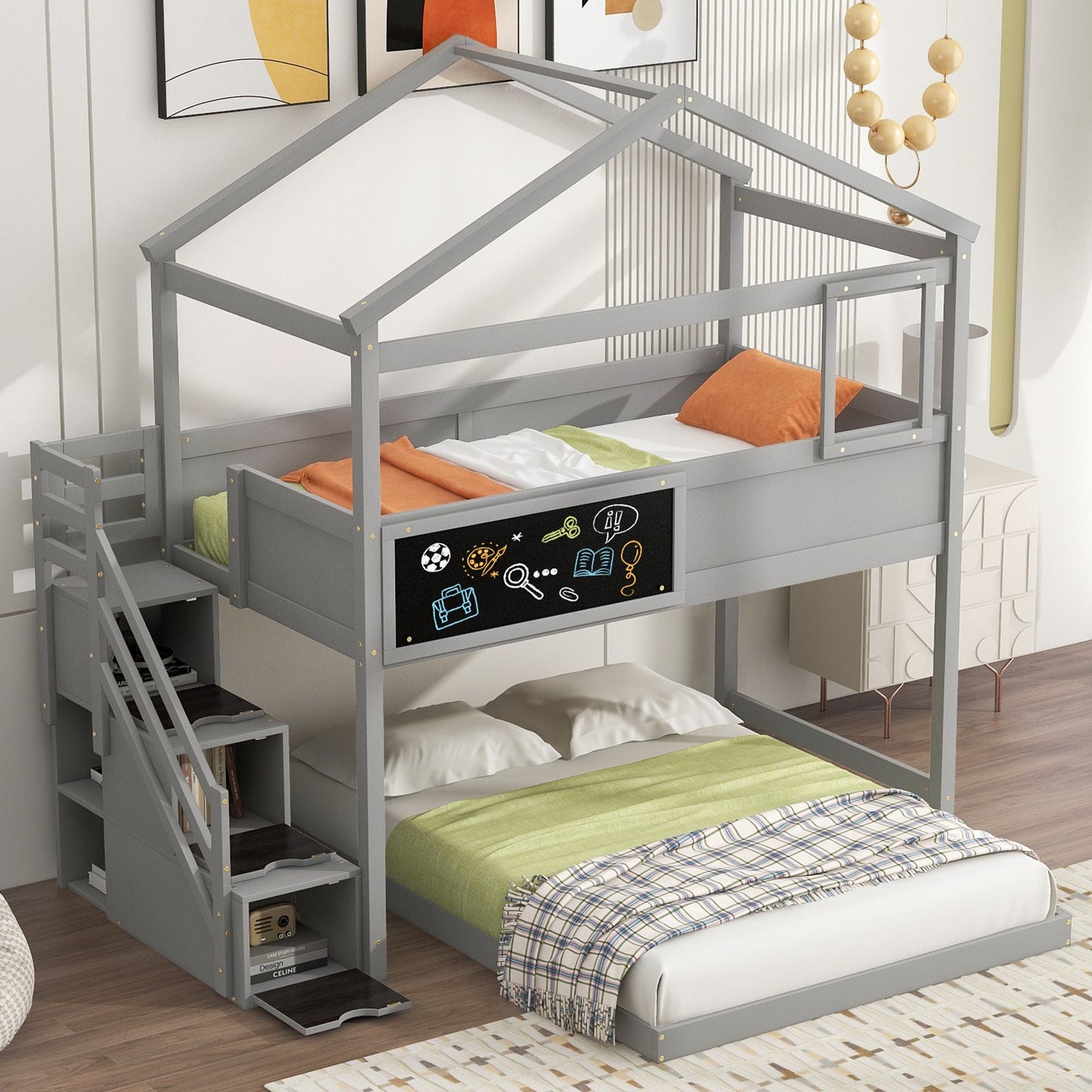 Staircase Storage Twin Over Full Wood House Bunk Bed with Blackboard, Gray and White | Just Better Bunk Beds