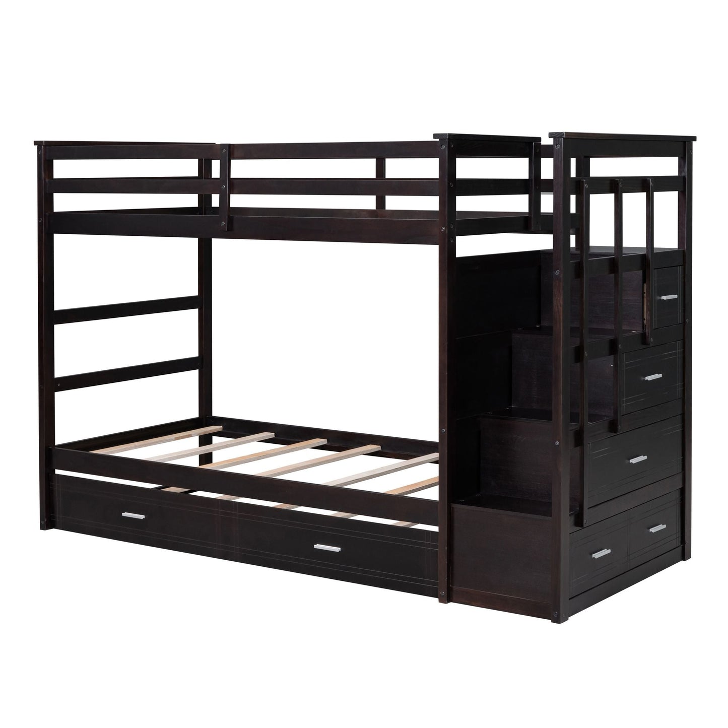 Shared Room Solution Twin Over Twin Wood Bunk Bed with Trundle and Staircase, Espresso | Just Better Bunk Beds