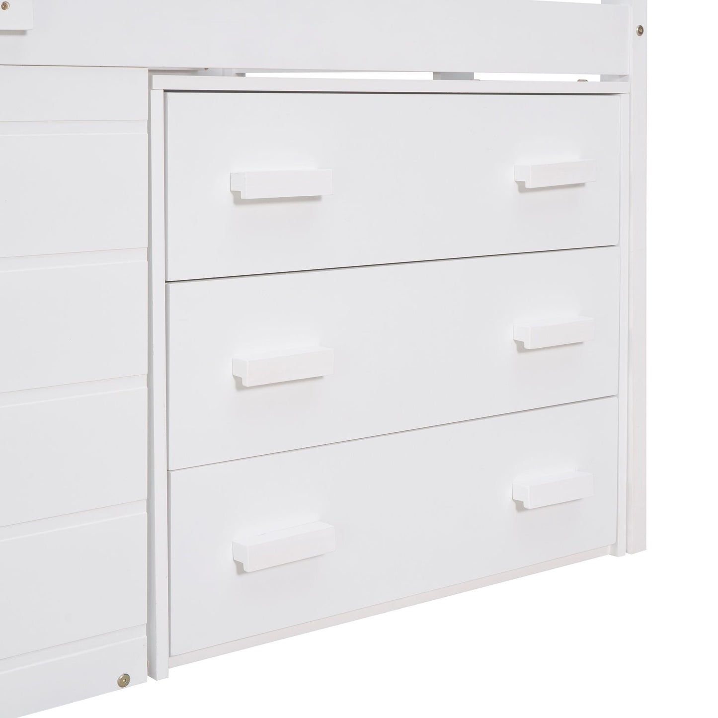 Kids Bedroom Twin Wood Loft Bed with Cabinet and Shelf, White | Just Better Bunk Beds