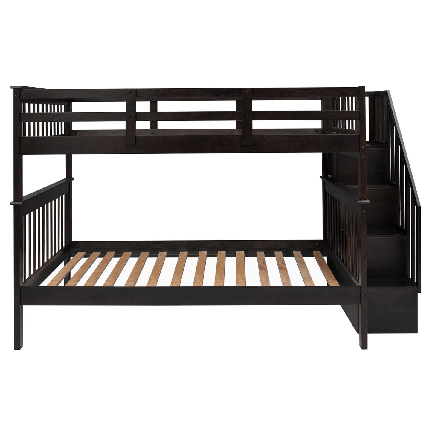 Staircase Storage Full Over Full Wood Bunk Bed with Storage and Guard Rail, Espresso | Just Better Bunk Beds