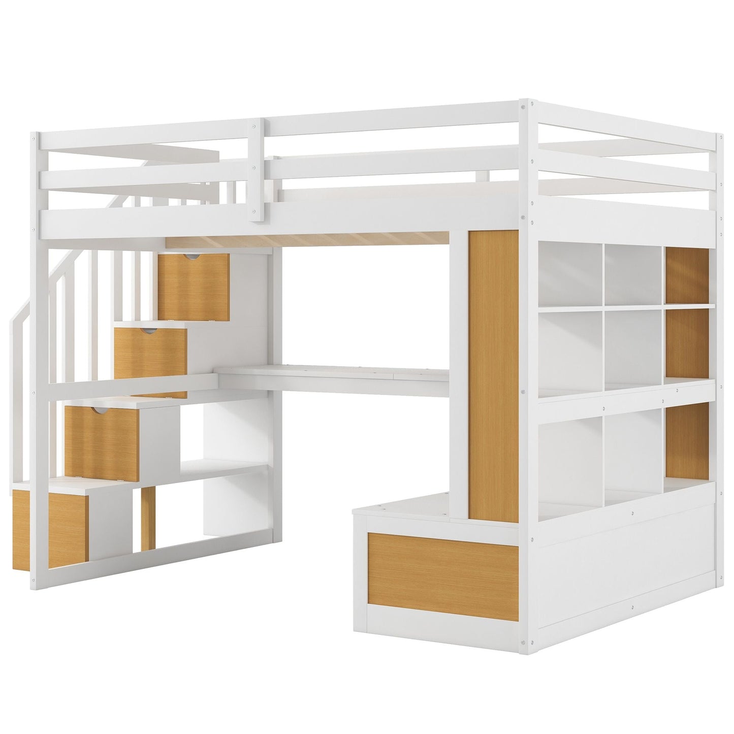 Space-Saving Full Wood Loft Bed with Desk, Shelves, Drawers, Storage Staircase, White and Natural | Just Better Bunk Beds