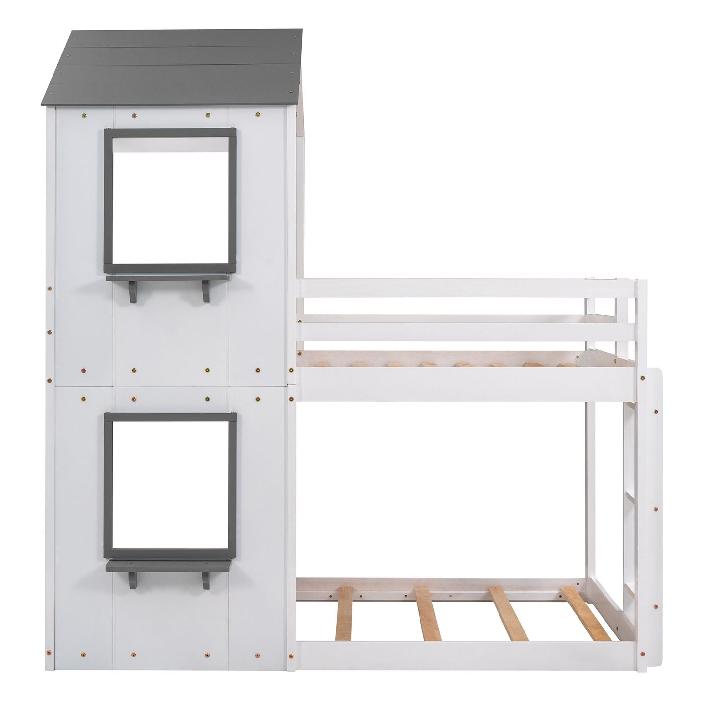 Kids Bedroom Twin Over Twin Wood Bunk Bed with Roof, Window, Guardrail, Ladder, White | Just Better Bunk Beds