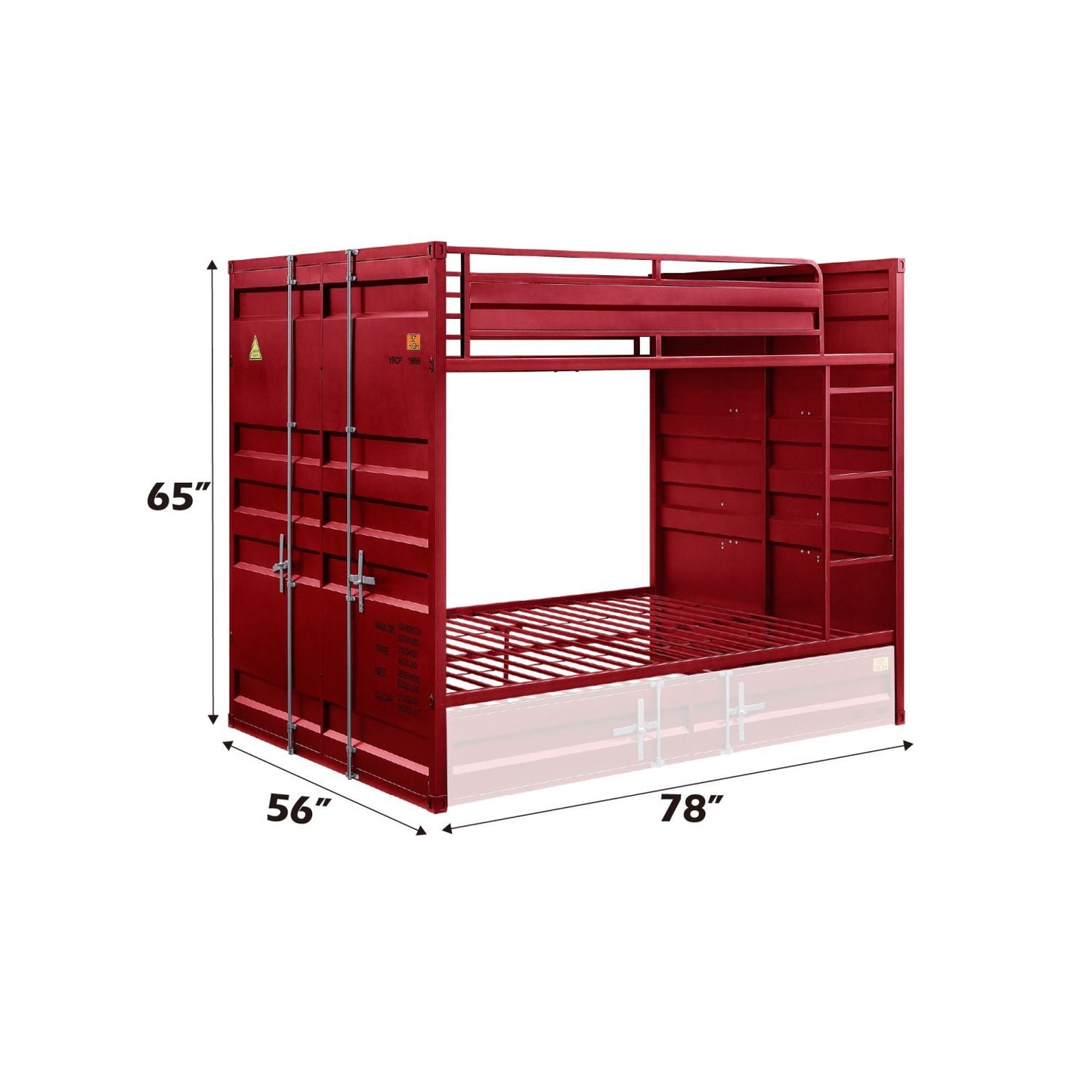 Kids Bedroom Full Over Full Wood Bunk Bed, Red Cargo Finish | Just Better Bunk Beds