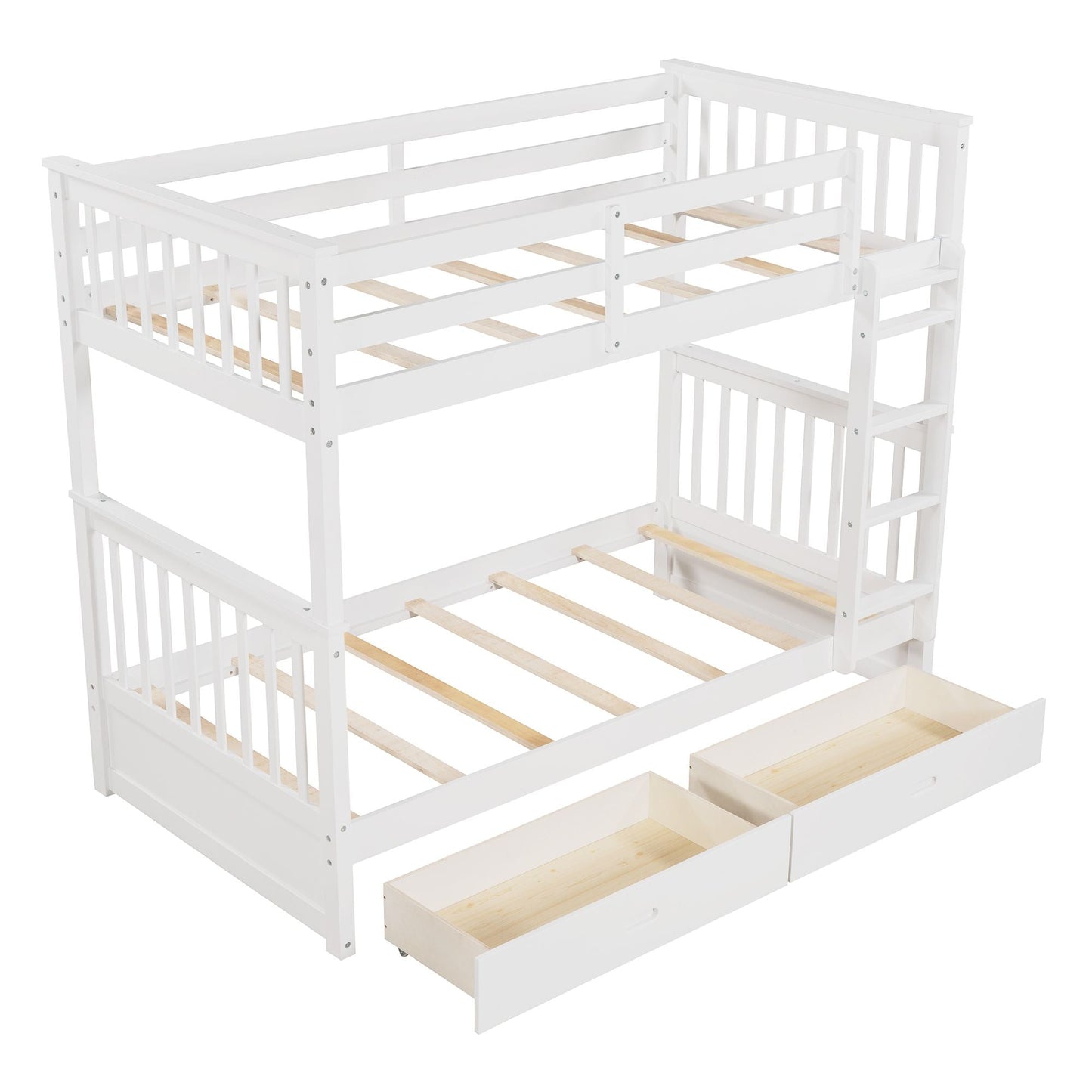 Storage-Enhanced Twin Over Twin Wood Bunk Bed with Ladders, Two Drawers, White | Just Better Bunk Beds