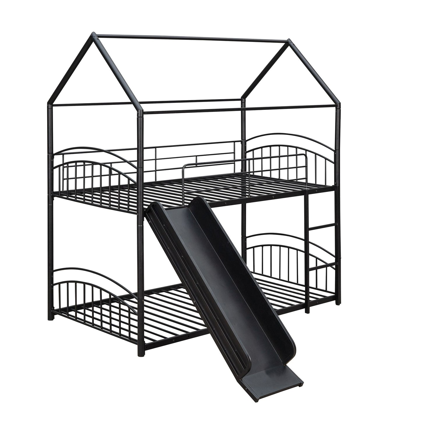Kids Bedroom Twin Over Twin Metal Bunk Bed with Slide, Black | Just Better Bunk Beds