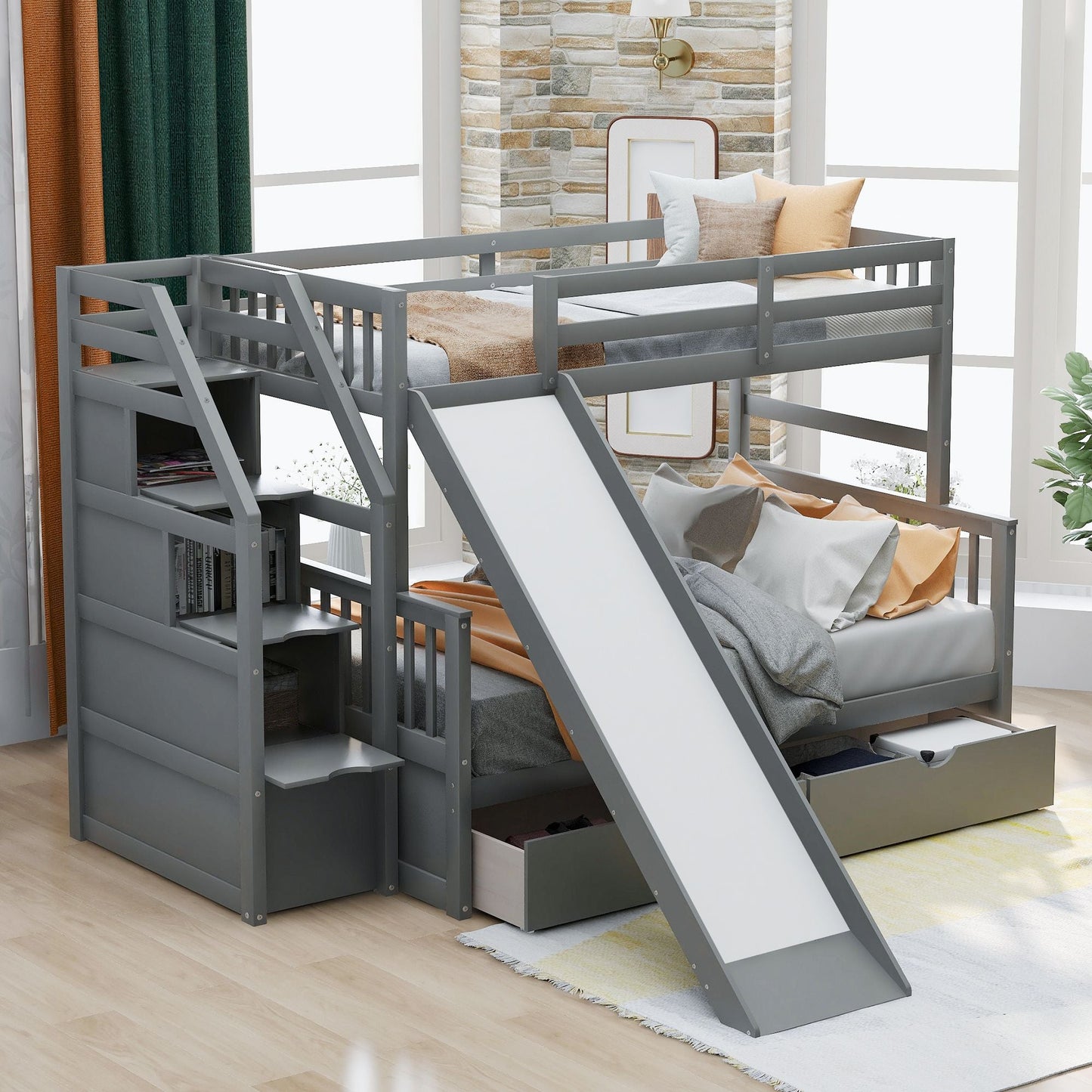 Multifunction Twin Over Full Wood Bunk Bed with Drawers, Storage and Slide, Gray | Just Better Bunk Beds
