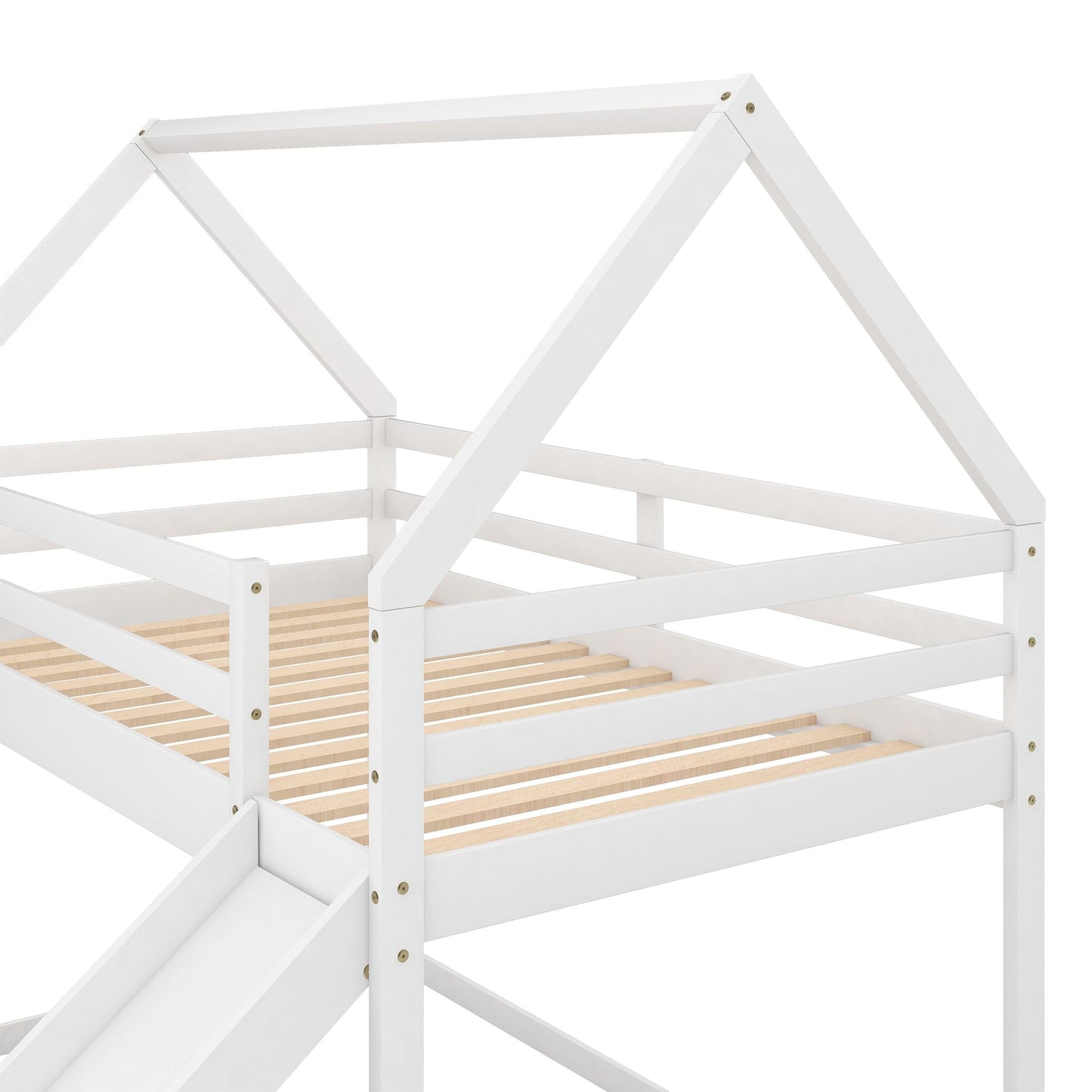 Kids Bedroom Twin Wood Bunk House Bed with Slide and Ladder, White | Just Better Bunk Beds