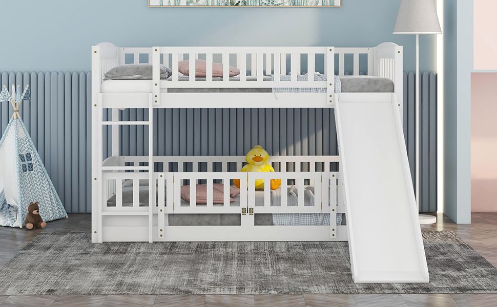 Safe Twin Over Twin Wood Low Bunk Bed with Slide, White with Fence and Ladder | Just Better Bunk Beds
