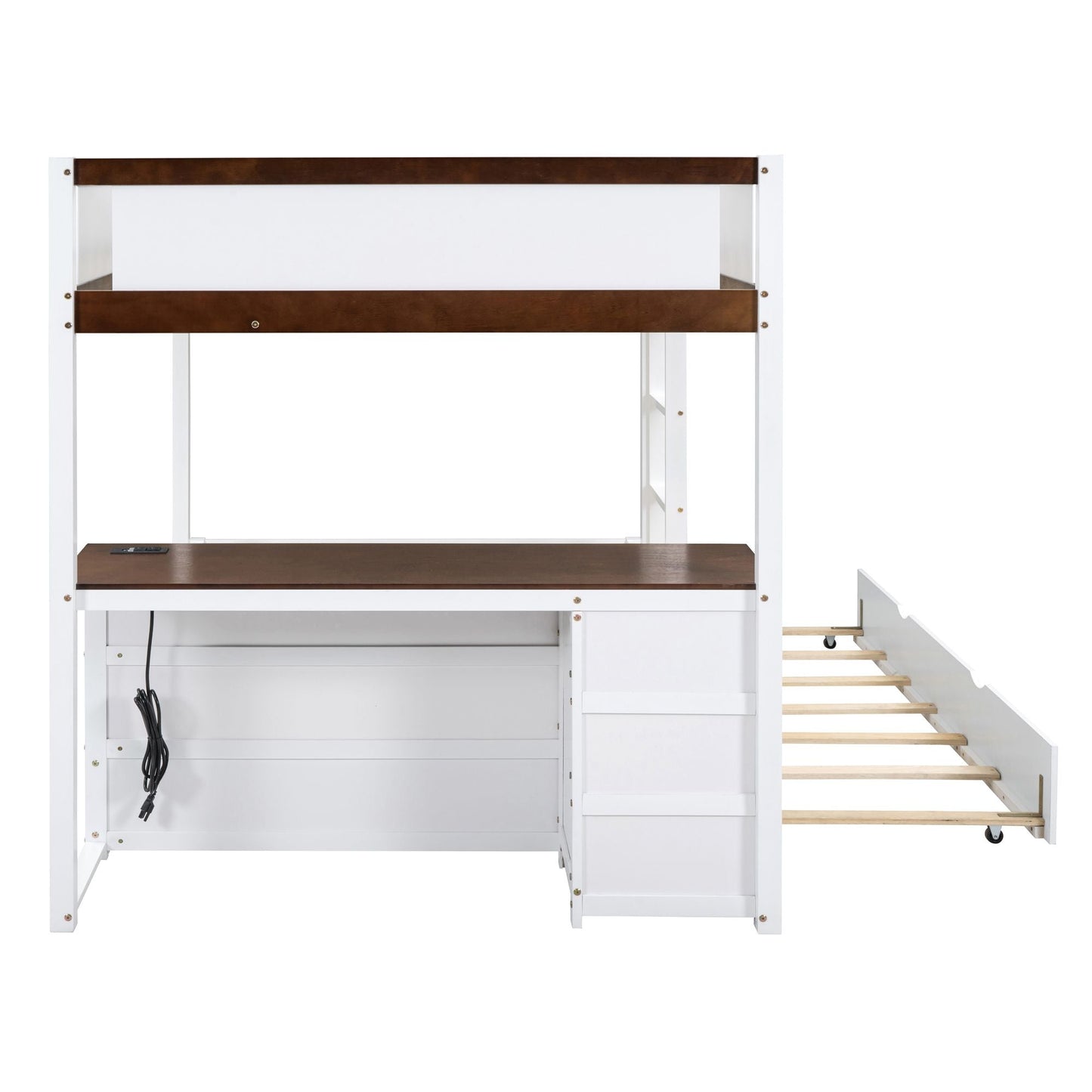 Shared Room Solution Full Over Full Wood Bunk Bed with Twin Trundle, Storage, Desk, White Walnut | Just Better Bunk Beds