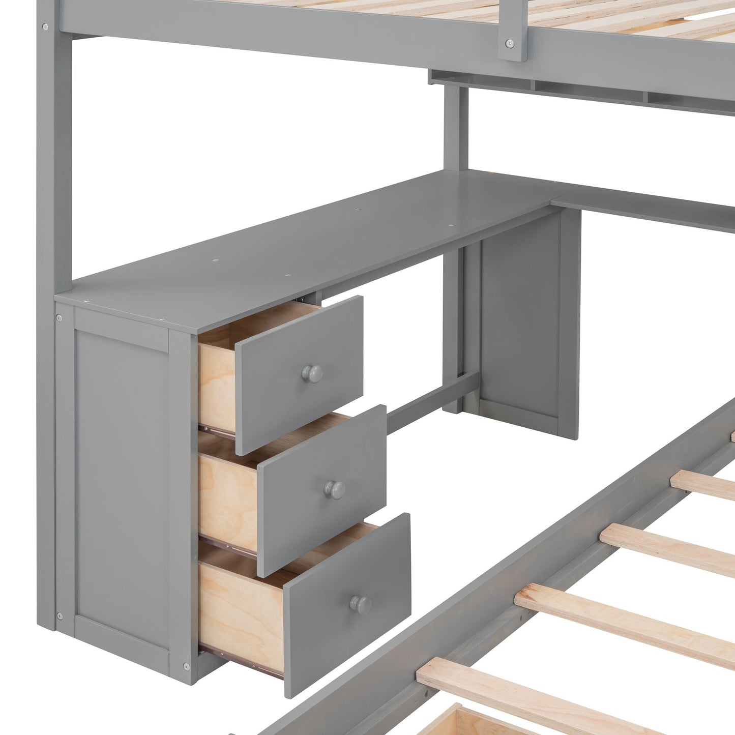 Shared Room Solution Full Over Twin Wood Bunk Bed with Desk, Drawers and Shelves, Gray | Just Better Bunk Beds