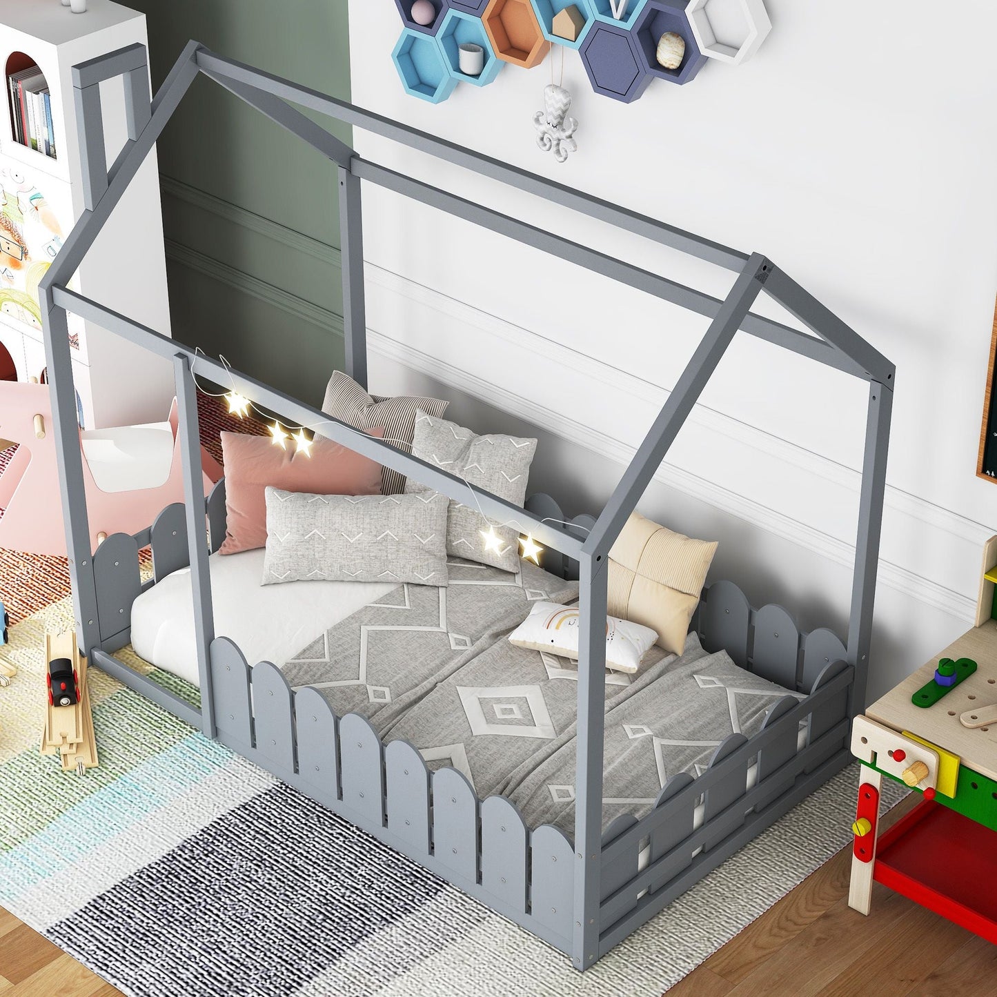 House-Style Twin Wood Bed Frame with Fence for Kids and Teens, Espresso, Gray, White | Just Better Bunk Beds
