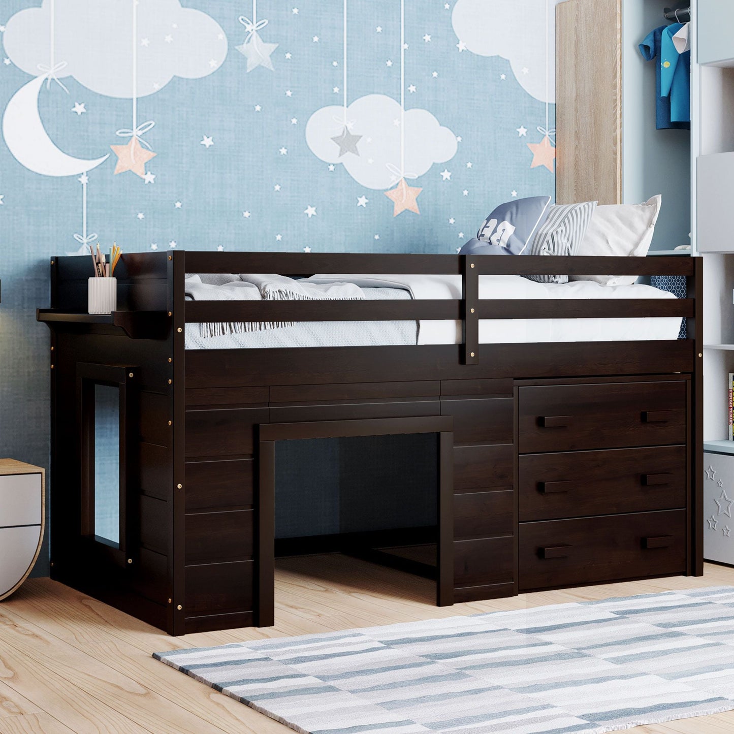 Kids Bedroom Twin Wood Loft Bed with Cabinet and Shelf, White | Just Better Bunk Beds