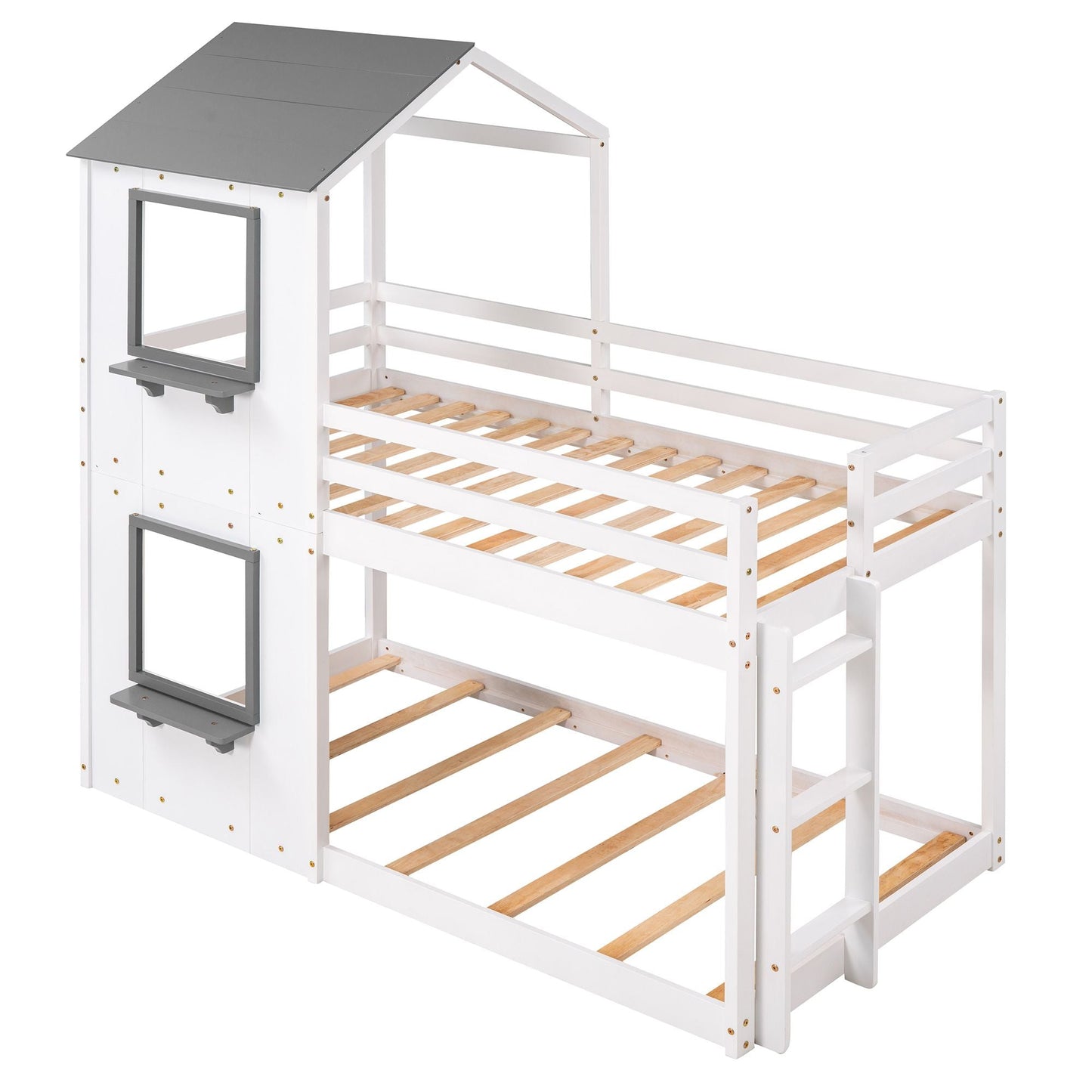 Kids Bedroom Twin Over Twin Wood Bunk Bed with Roof, Window, Guardrail, Ladder, White | Just Better Bunk Beds