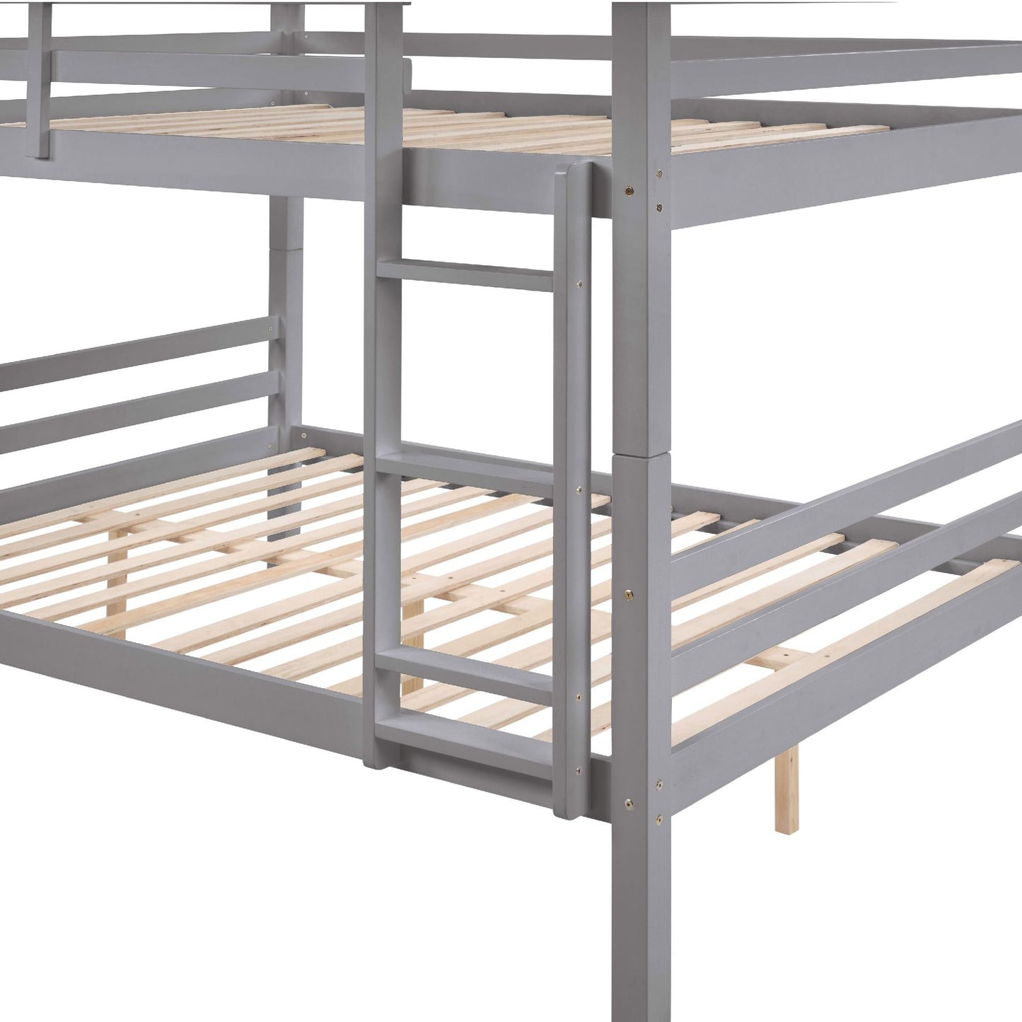 Durable Full Over Full Wood Bunk Bed with Thick Posts, High Guardrail, Ladder, Gray | Just Better Bunk Beds