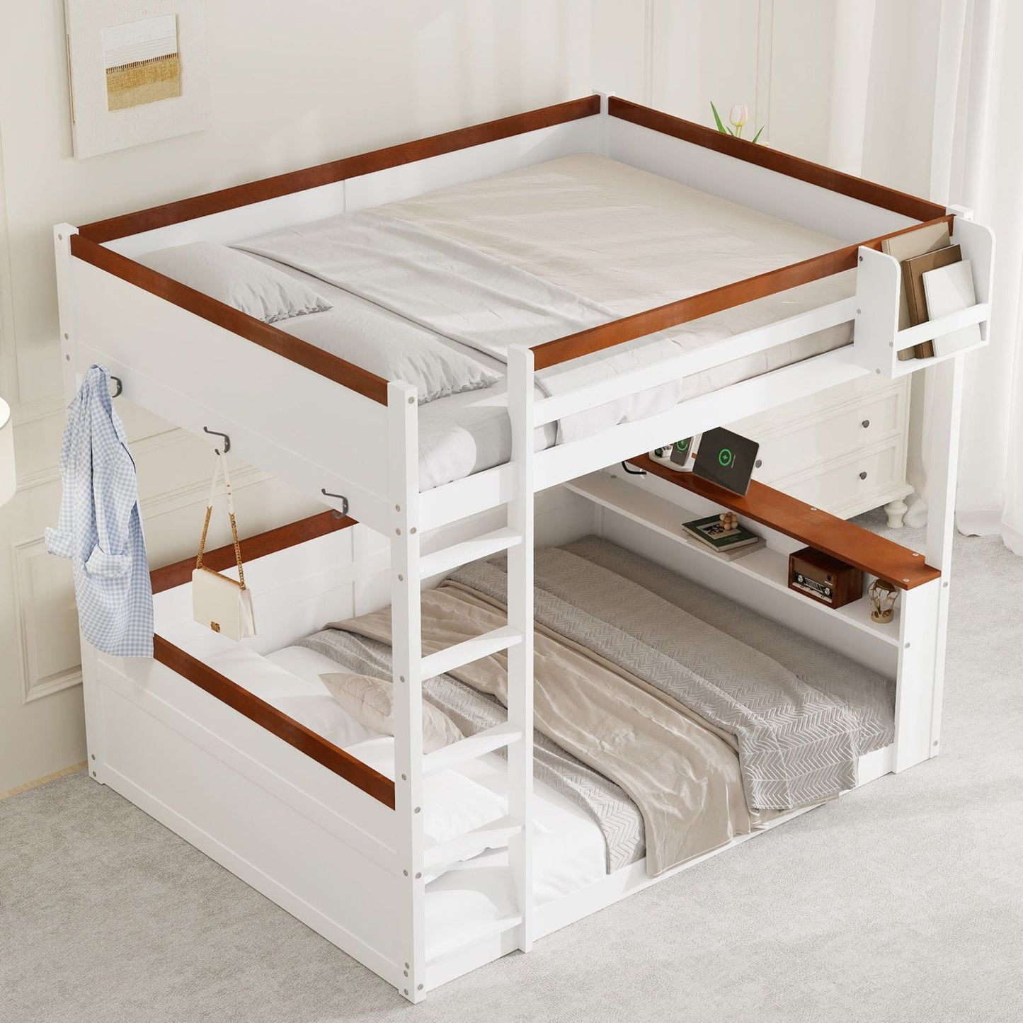 Queen Size Wooden Bunk Bed with Built-in Shelves, Storage Box, LED Light and USB Charging Station, White