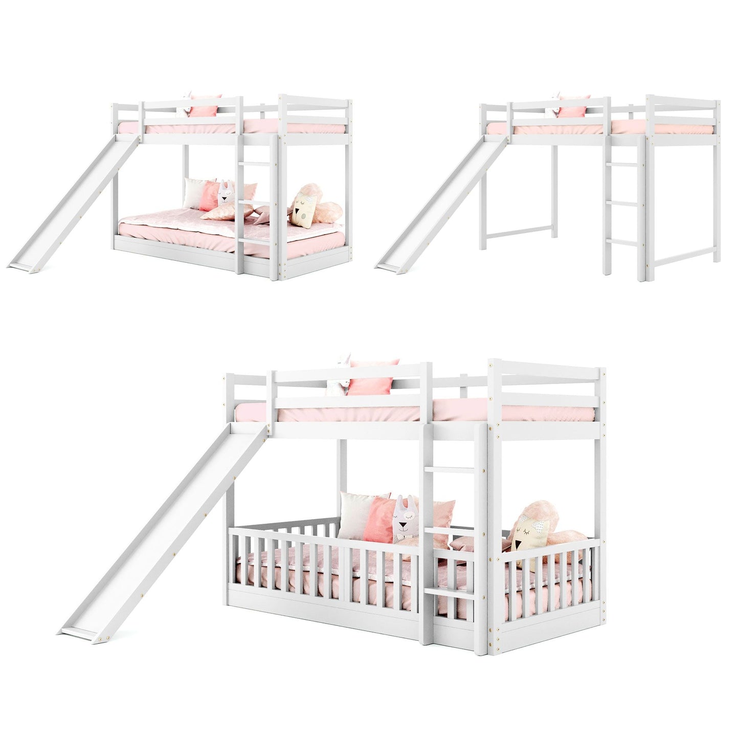 Twin Over Twin Bunk Bed with Slide and Ladder,  White