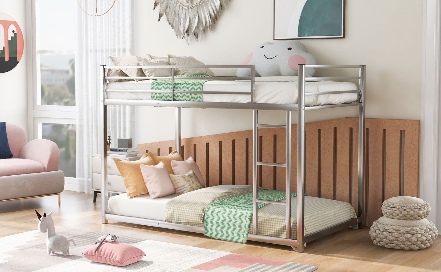 Low Profile Twin Over Twin Metal Bunk Bed with Ladder, White | Just Better Bunk Beds