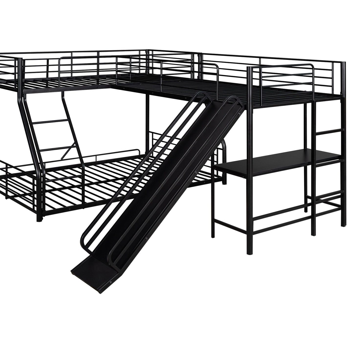L-Shaped Twin Over Full Wood Bunk Bed with Loft, Desk and Slide, Black | Just Better Bunk Beds