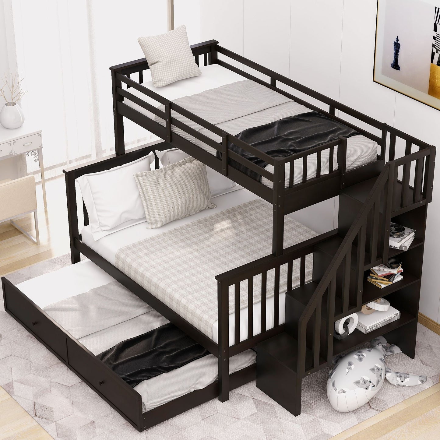 Twin-Over-Full Bunk Bed with Twin size Trundle,  Storage and Guard Rail for Bedroom,  Dorm,  for Adults,  Espresso