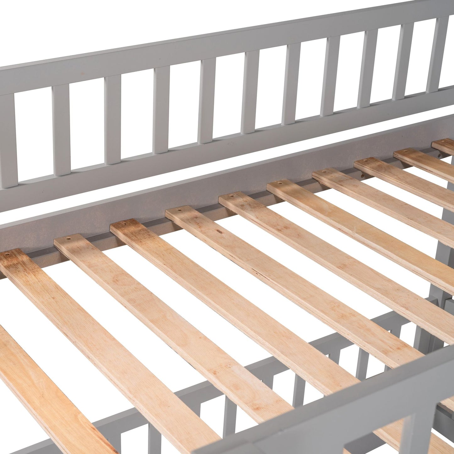 Kids Bedroom Twin Over Twin Wood Low Bunk Bed with Slide, Fence and Ladder, White | Just Better Bunk Beds