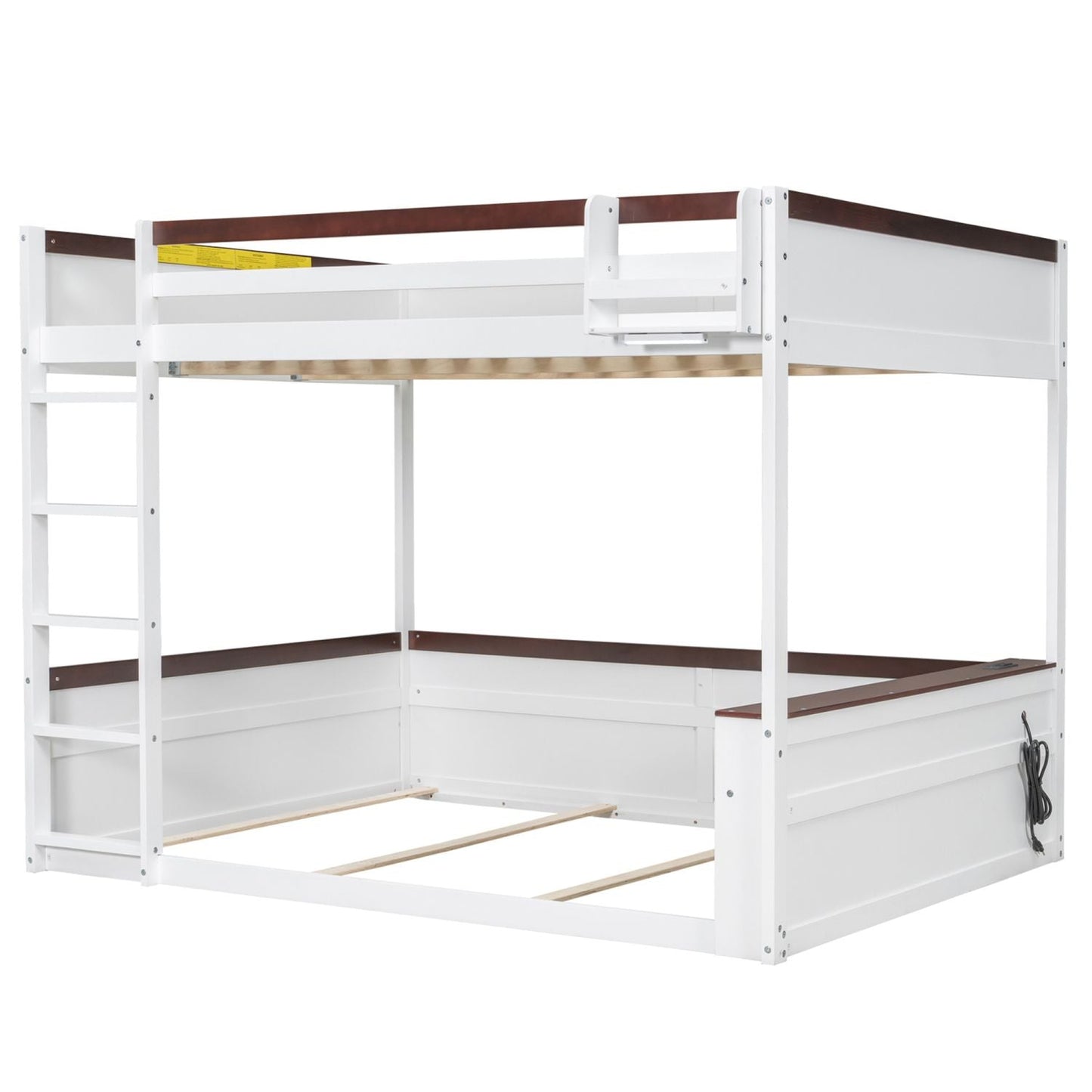 Queen Size Wooden Bunk Bed with Built-in Shelves, Storage Box, LED Light and USB Charging Station, White