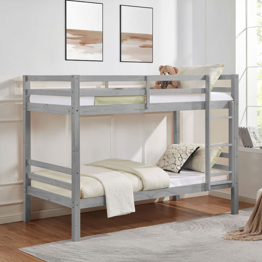 Heavy-Duty Twin Over Twin Wood Bunk Bed, Gray with Thick Posts, Ladder, and High Guardrail | Just Better Bunk Beds