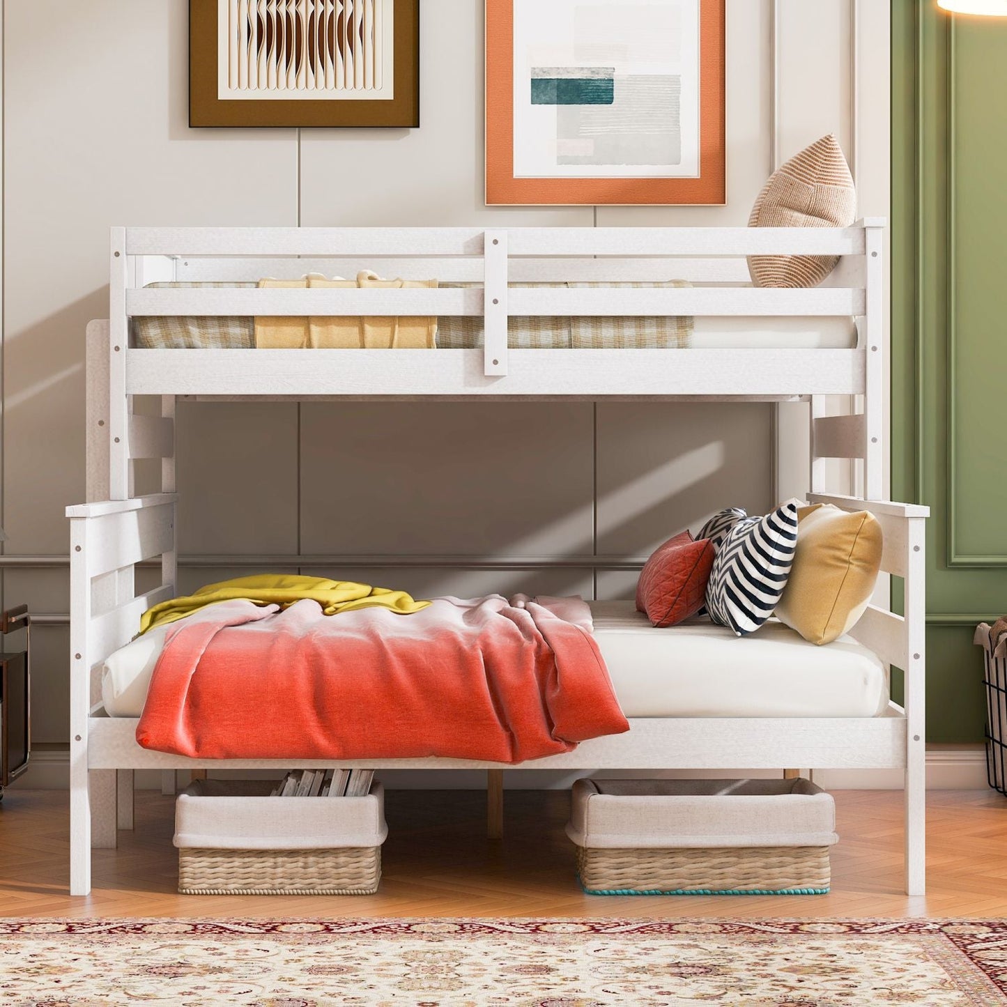 Shared Room Solution Twin XL Over Queen Wood Bunk Bed with Ladder, White | Just Better Bunk Beds