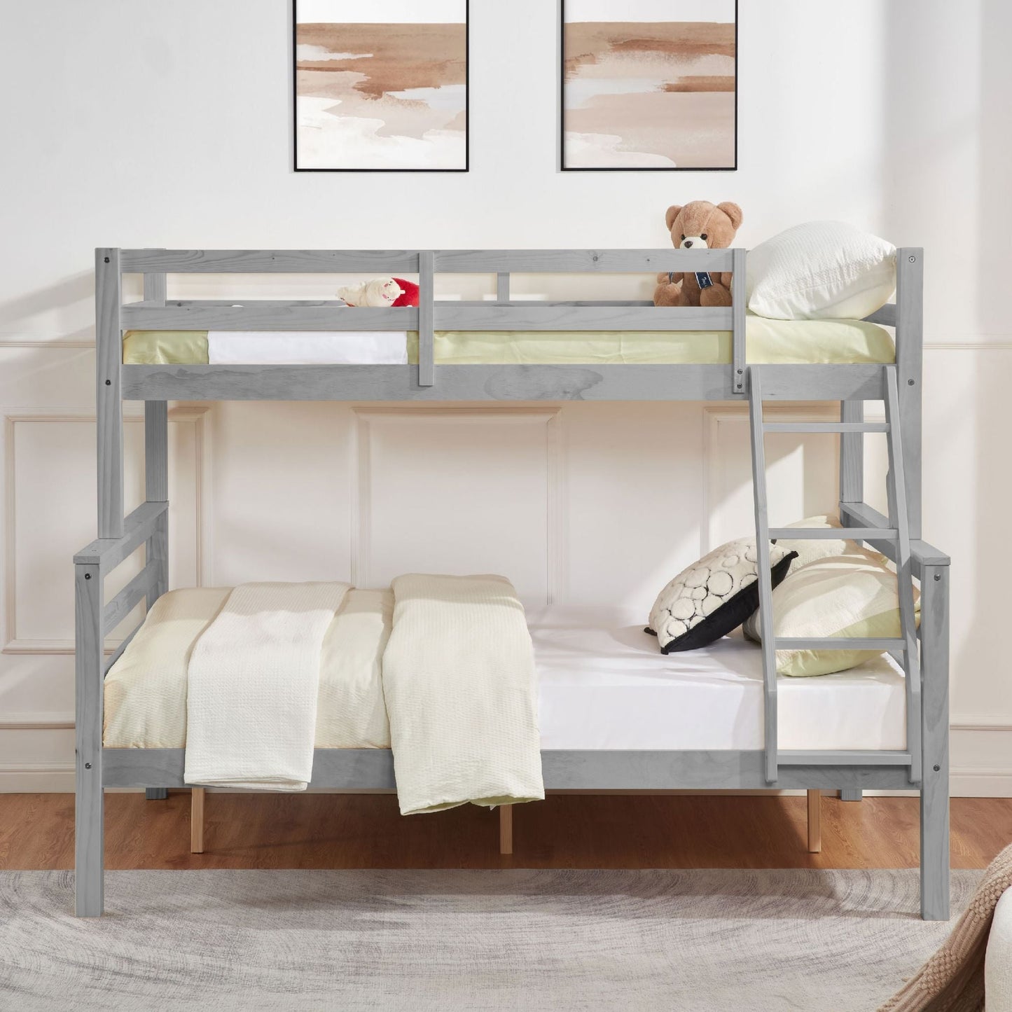 Durable Twin Over Full Wood Bunk Bed with Thick Posts, High Guardrail, Ladder, Gray | Just Better Bunk Beds