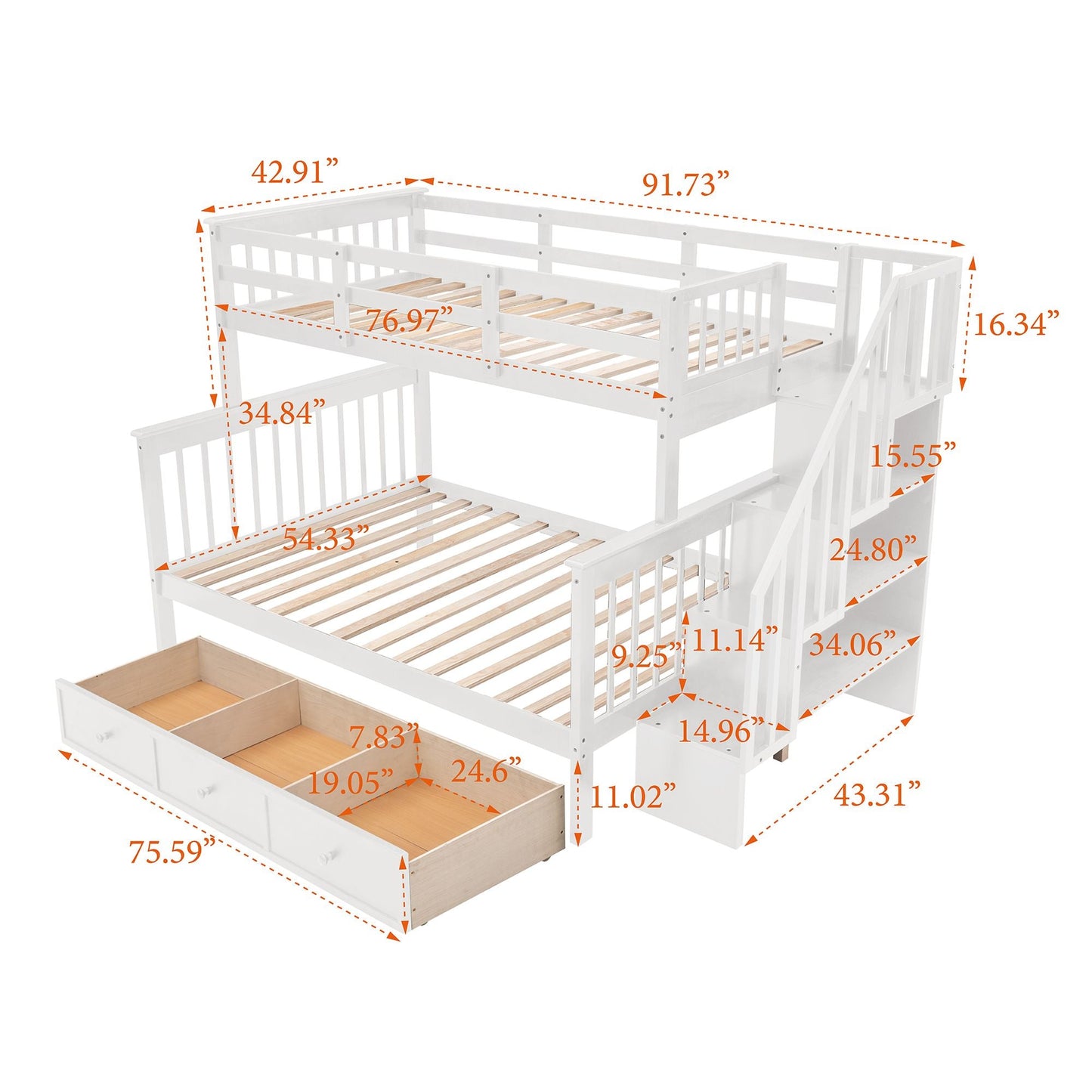 Stairway Twin-Over-Full Bunk Bed with Drawer,  Storage and Guard Rail for Bedroom,  Dorm,  for Adults,  White