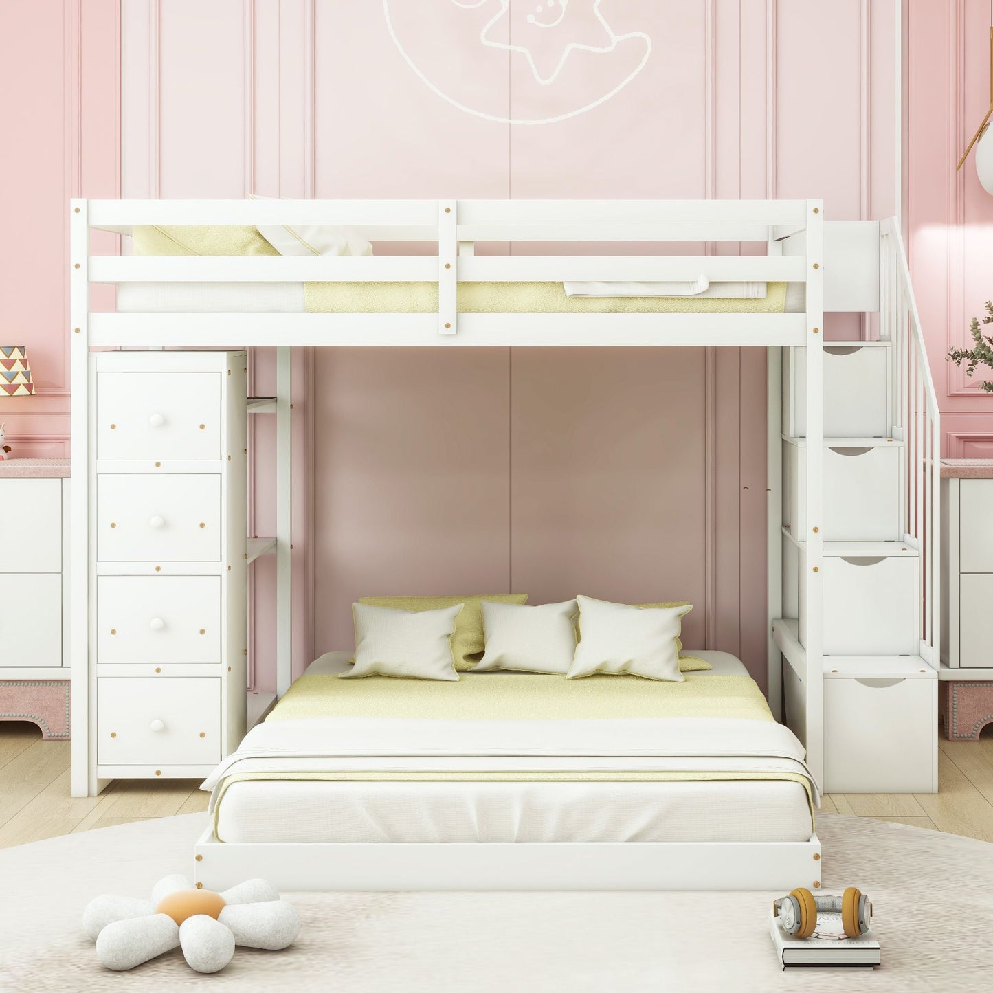 Storage Staircase Twin Over Full Wood Bunk Bed with 3-Layer Shelves and Drawers, White | Just Better Bunk Beds
