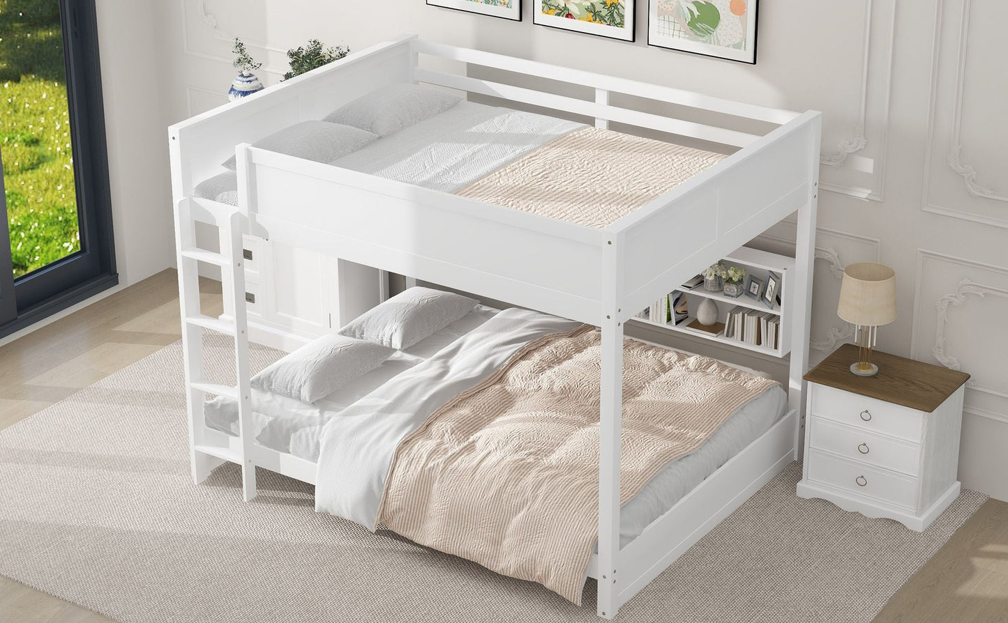 Shared Room Solution Queen Over Queen Wood Bunk Bed with Storage and USB Ports, White | Just Better Bunk Beds