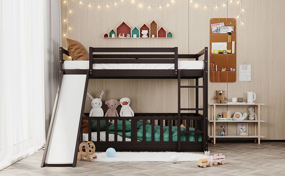 Kids Bedroom Twin Over Twin Wood Bunk Bed with Slide and Ladder, White | Just Better Bunk Beds