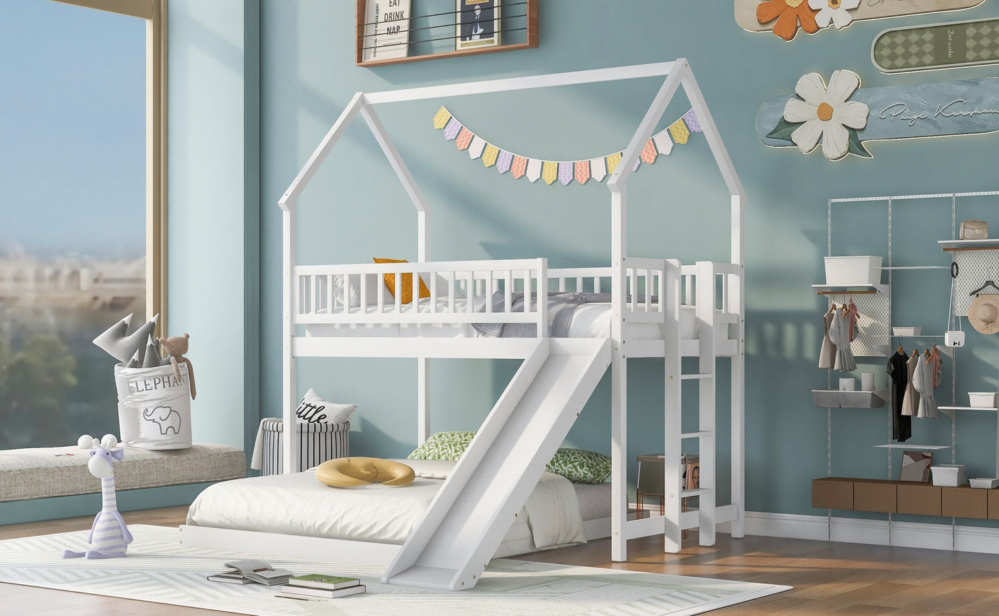Twin over Full House Bunk Bed with Slide and Built-in Ladder,  Full-Length Guardrail