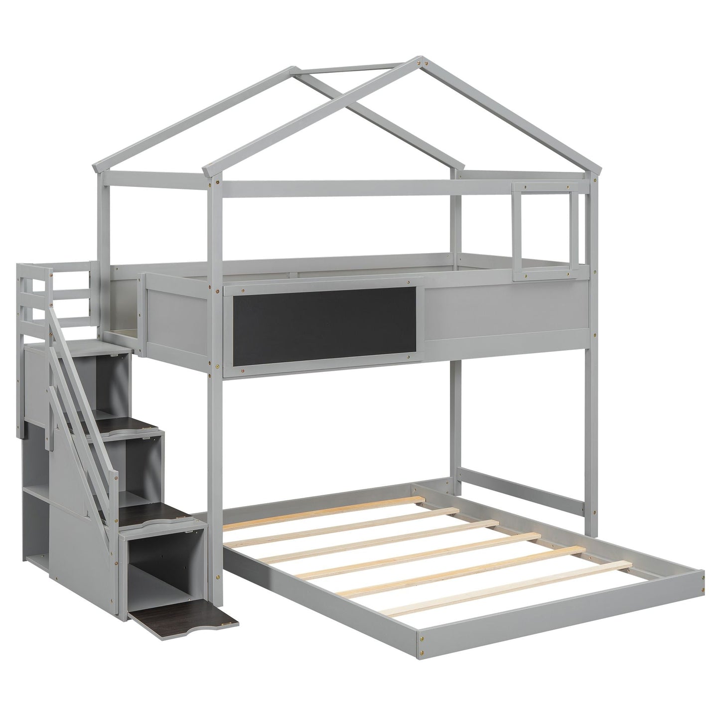 Staircase Storage Twin Over Full Wood House Bunk Bed with Blackboard, Gray and White | Just Better Bunk Beds