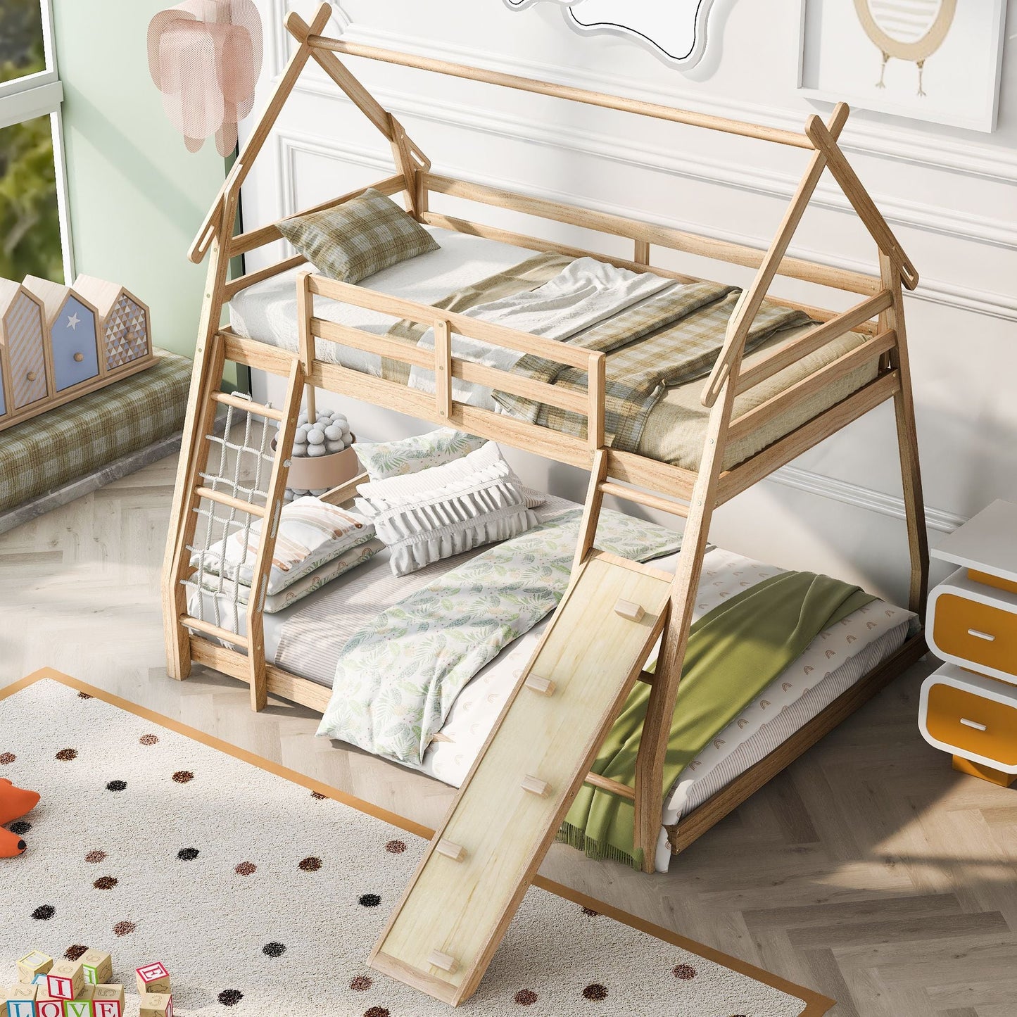 Shared Room Solution Twin Over Queen Wood House Bunk Bed with Climbing Nets and Ramp, Natural | Just Better Bunk Beds