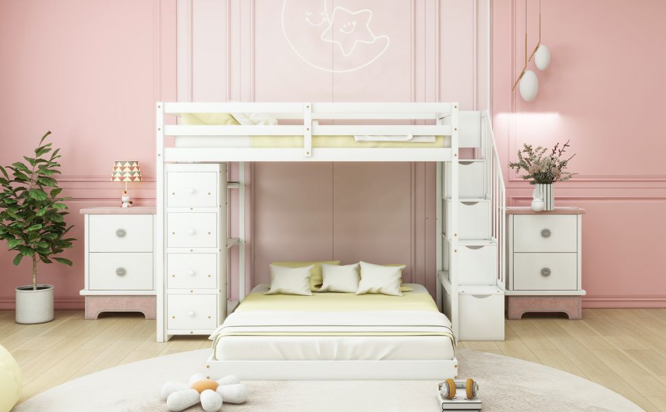 Storage Staircase Twin Over Full Wood Bunk Bed with 3-Layer Shelves and Drawers, White | Just Better Bunk Beds