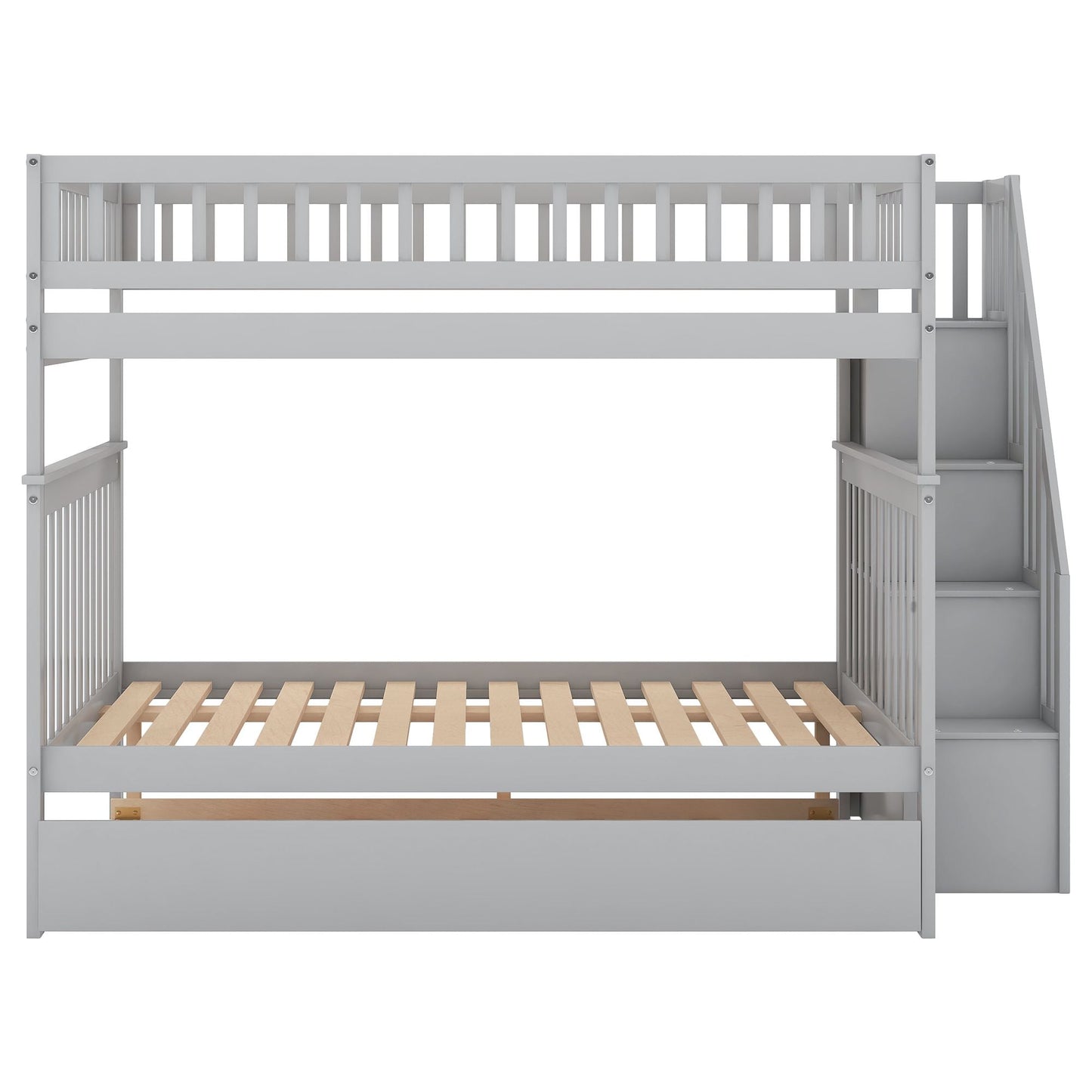 Staircase Storage Full Over Full Wood Bunk Bed with Trundle, Gray | Just Better Bunk Beds