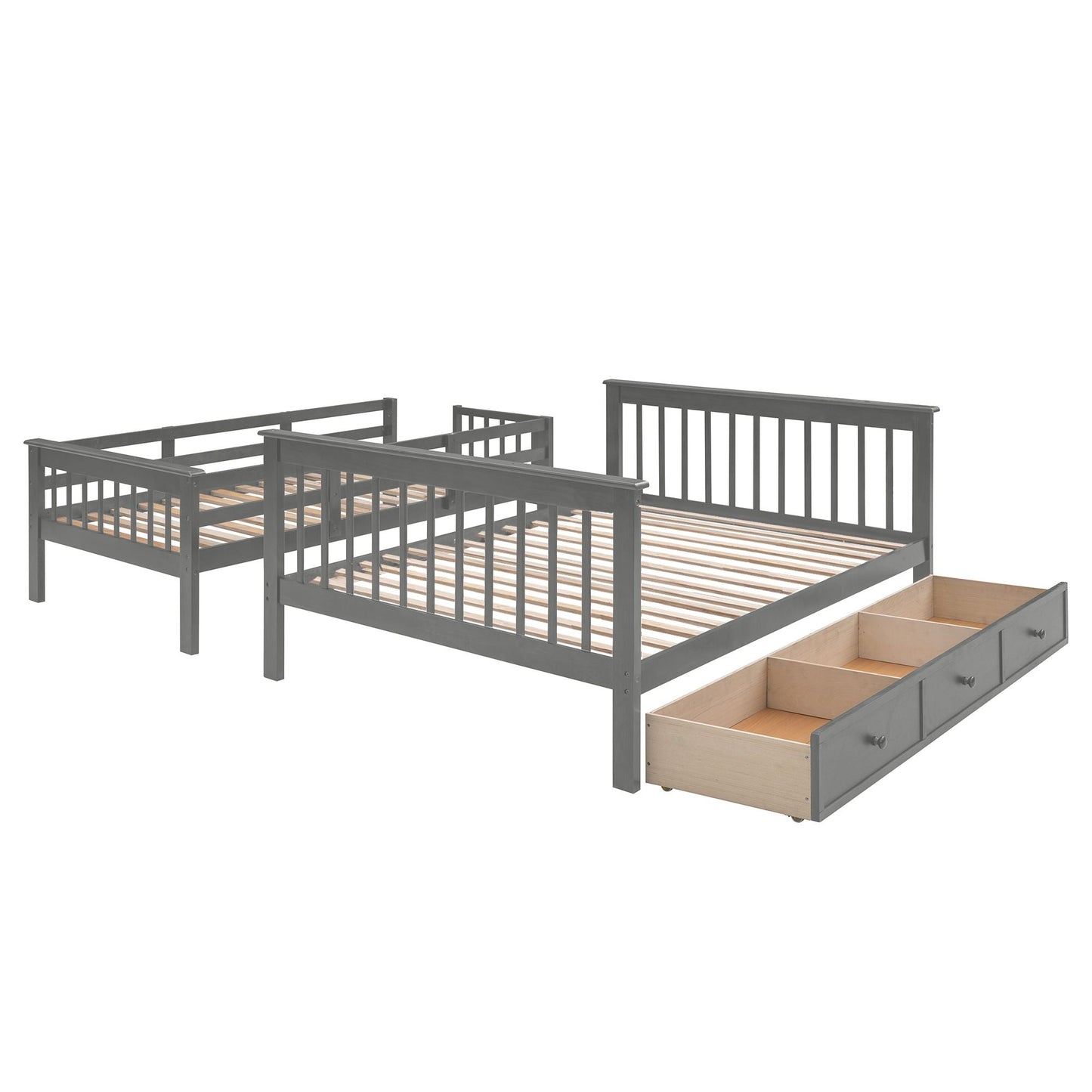 Staircase Storage Twin Over Full Wood Bunk Bed with Drawer, Storage, and Guard Rail, Gray | Just Better Bunk Beds