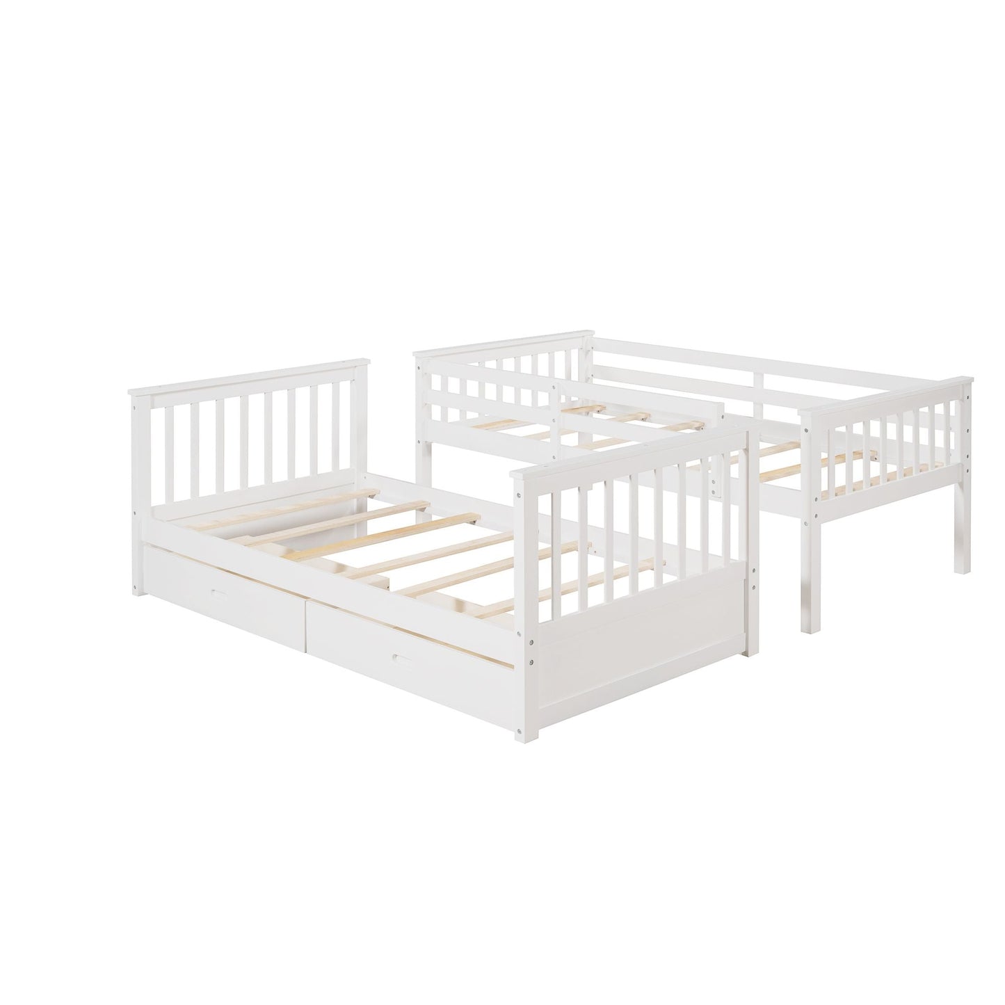 Storage-Enhanced Twin Over Twin Wood Bunk Bed with Ladders, Two Drawers, White | Just Better Bunk Beds