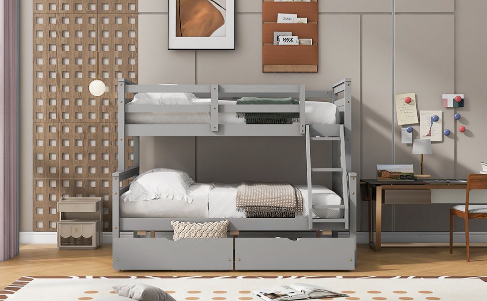 Heavy-Duty Twin Over Full Wood Bunk Bed with Ladder, Storage Drawers, Safety Guardrail, Gray | Just Better Bunk Beds