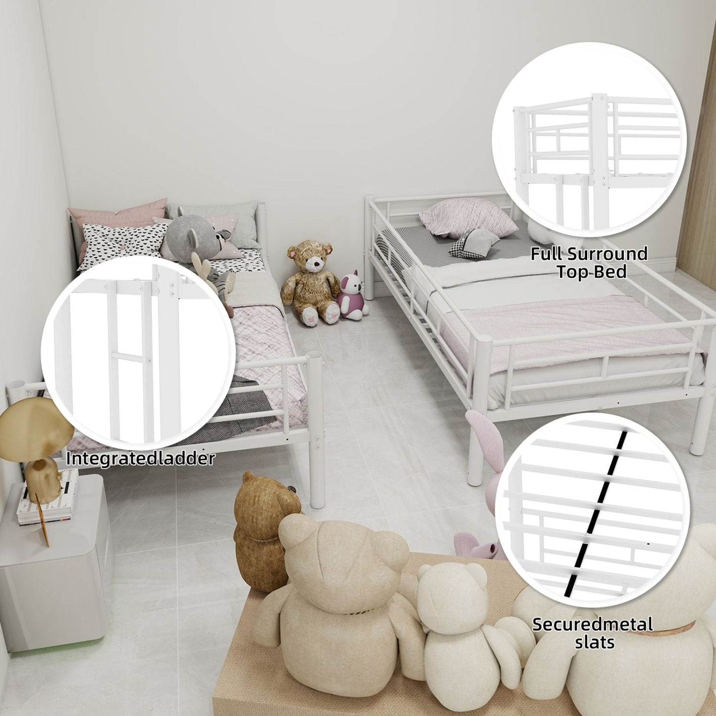 Convertible Twin Over Twin Metal Bunk Bed with Ladder and Guardrail, Metal | Just Better Bunk Beds