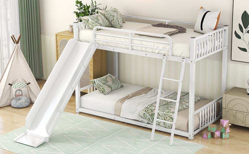 Space-Saving Metal Bunk Bed with Slide Twin Over Twin, White | Just Better Bunk Beds
