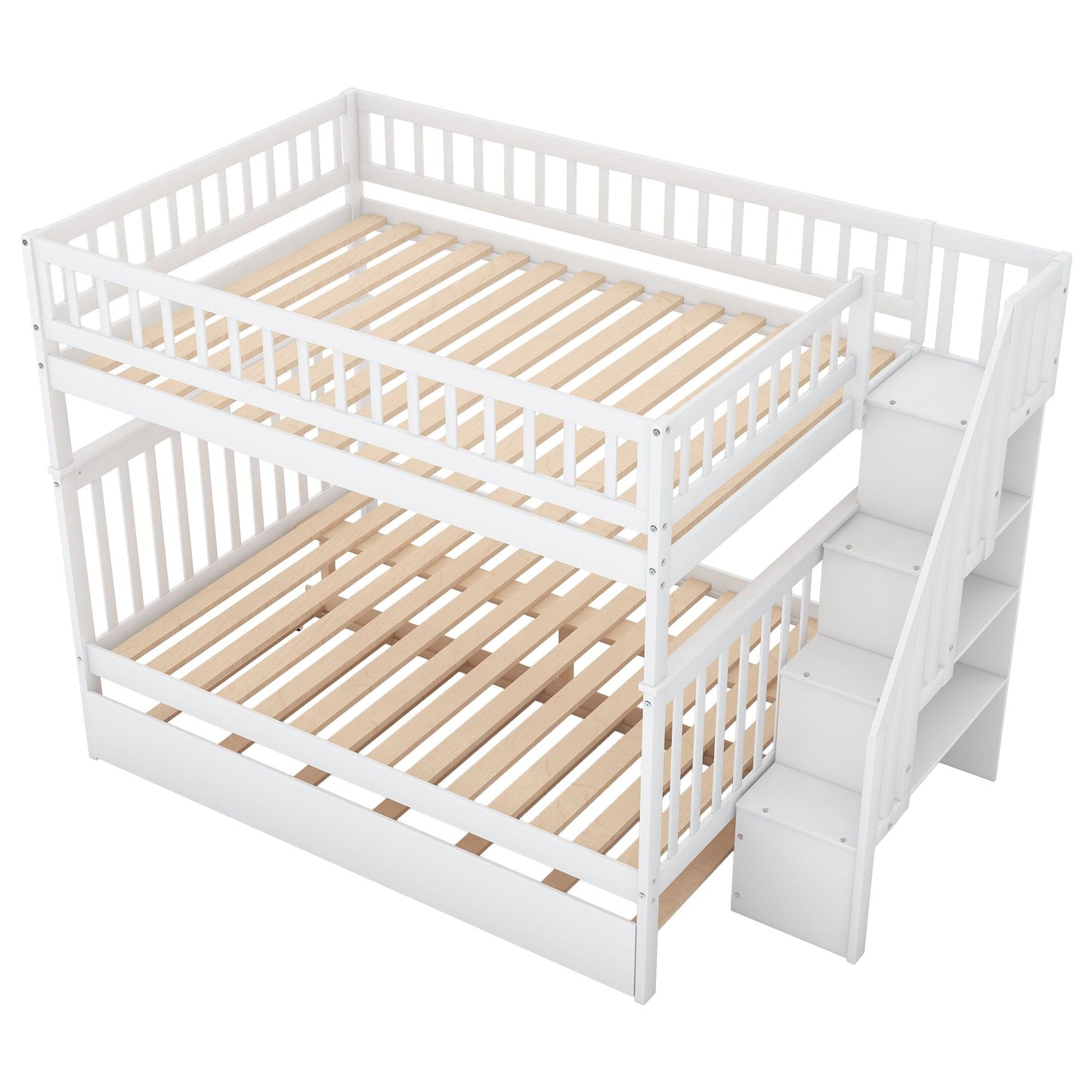 Staircase Storage Full Over Full Wood Bunk Bed with Trundle, White | Just Better Bunk Beds