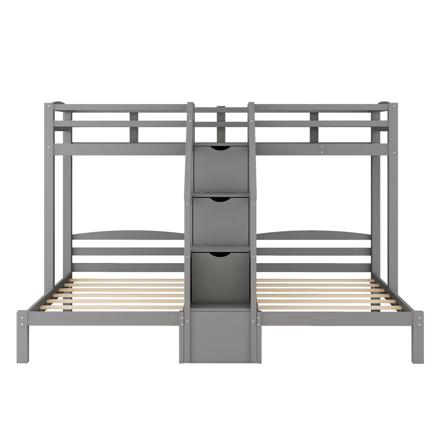 Built-In Staircase Twin Over Twin Over Twin Wood Bunk Bed, Gray with Storage Drawer | Just Better Bunk Beds