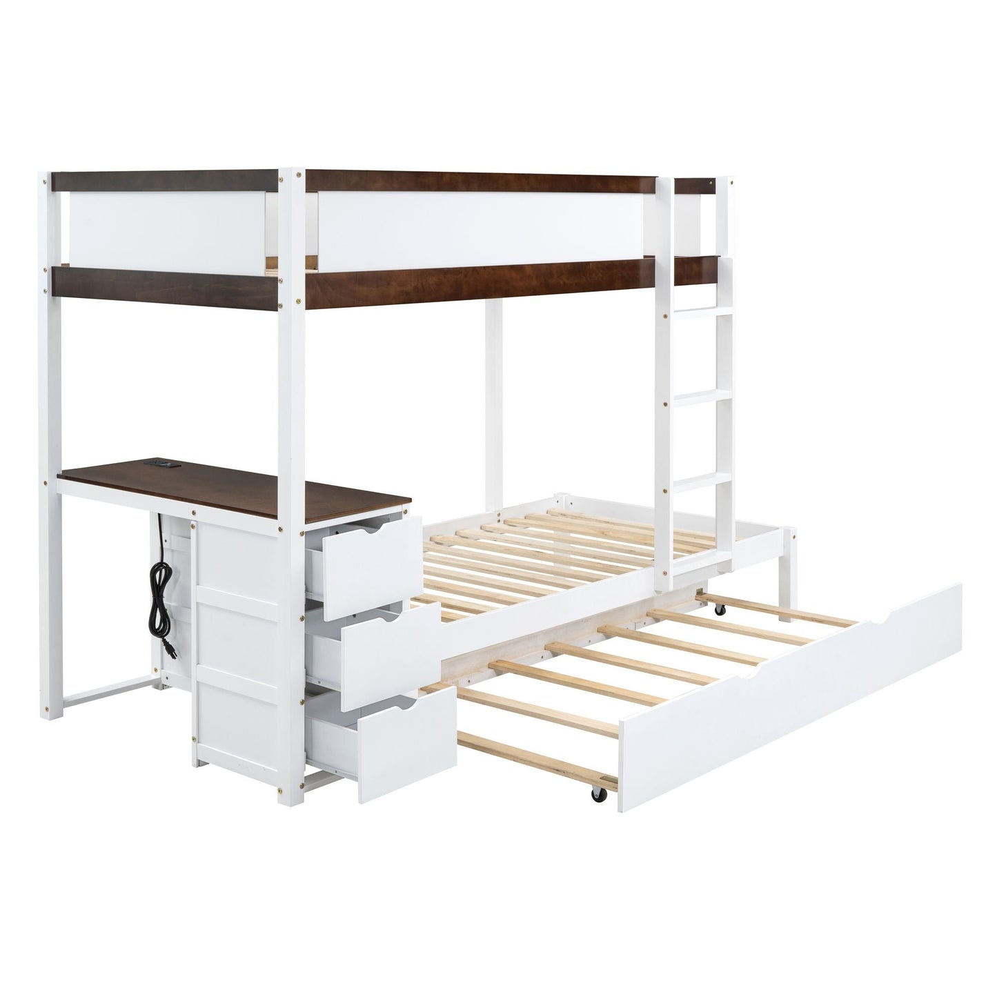 Multi-Functional Twin Over Twin Wood Bunk Bed with Trundle, Storage and Desk, White Walnut | Just Better Bunk Beds
